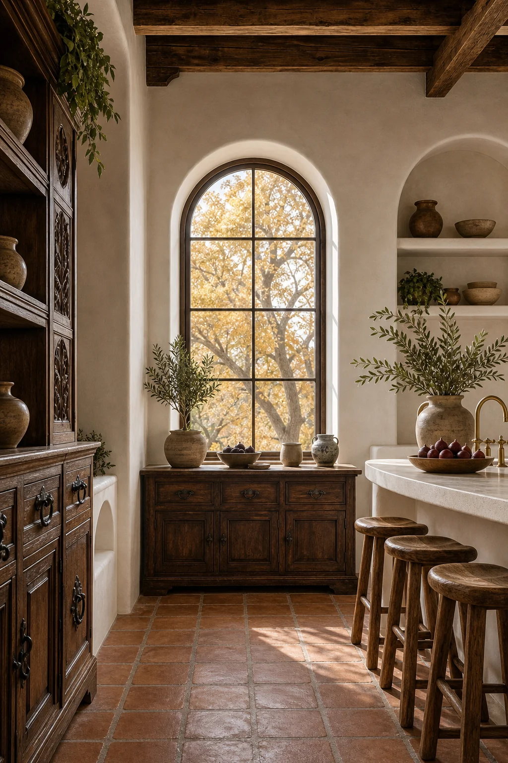 Deep-set arched window with smooth plaster returns and golden autumn light spilling onto terracotta tiles
