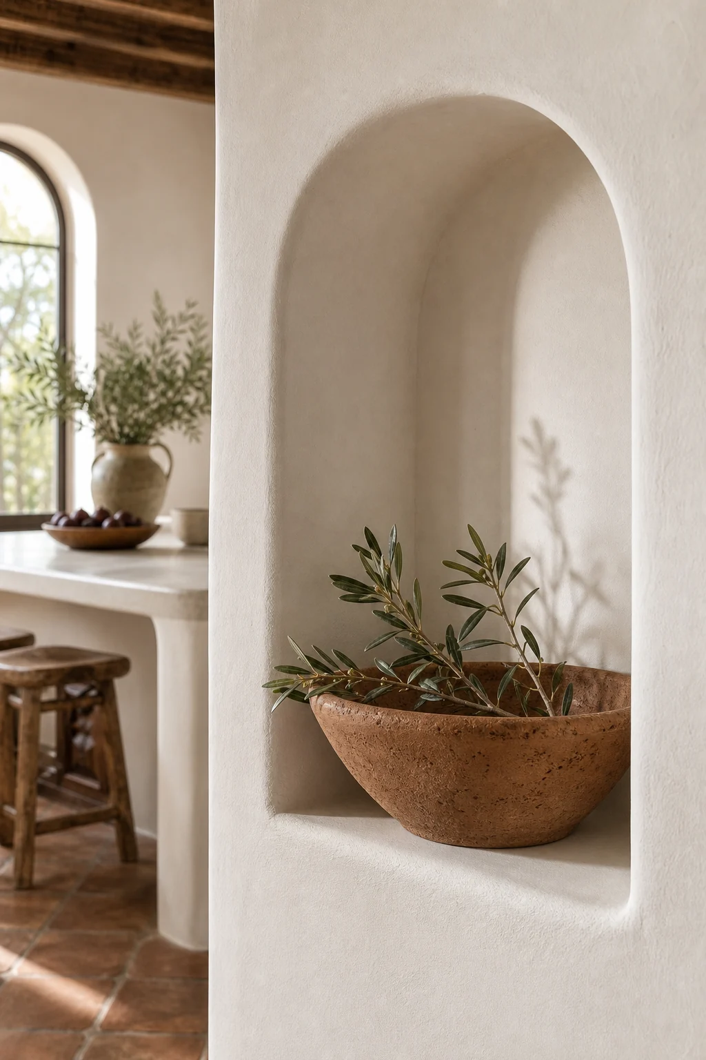 Close-up of a built-in plaster niche displaying a rustic unglazed ceramic bowl and olive leaves