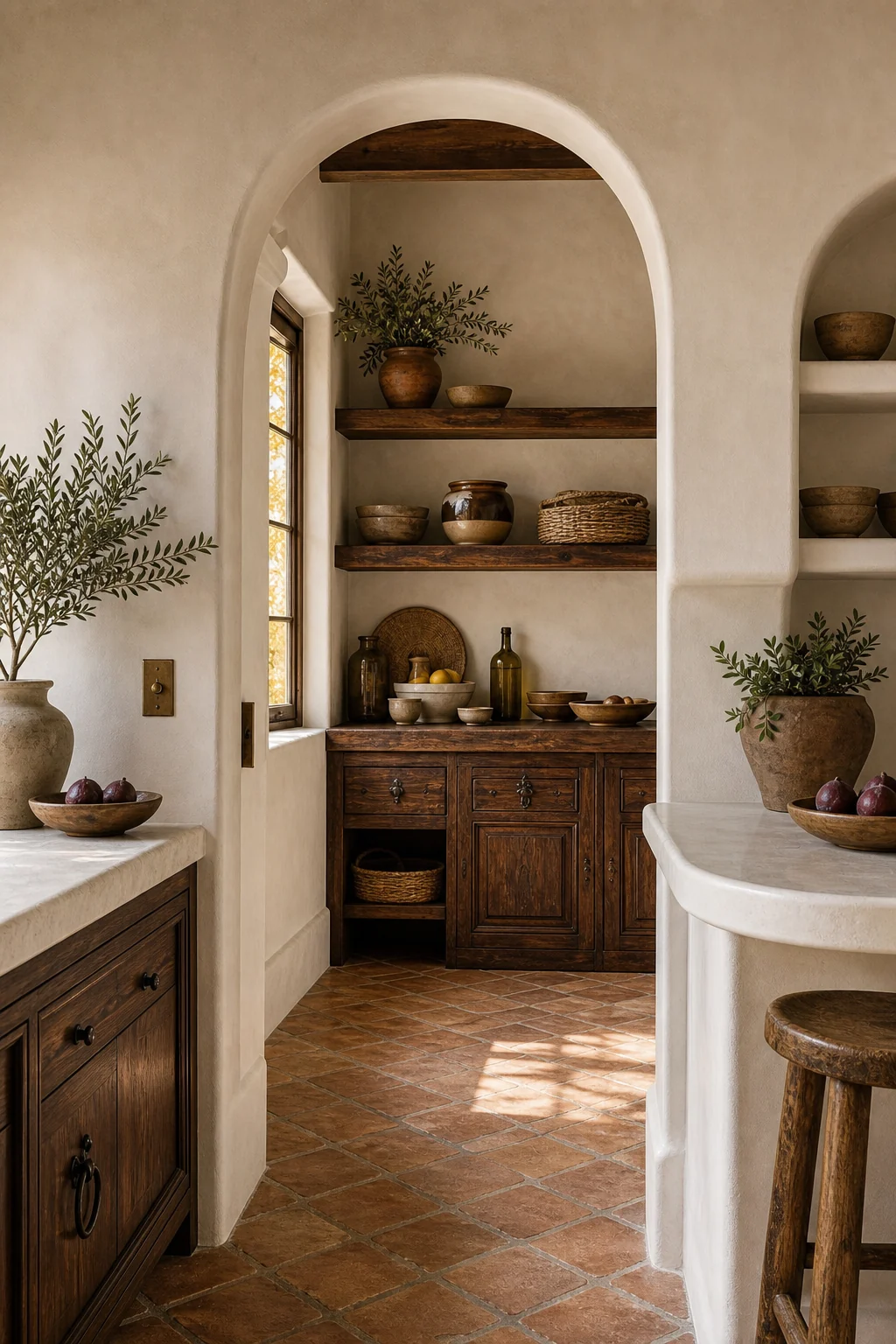 View through a softened plaster archway into a small pantry with dark walnut floating shelves