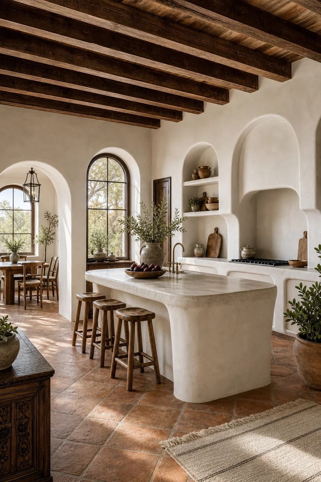Full room view showing the seamless integration of heavy timber ceilings, plaster walls, and terracotta floors