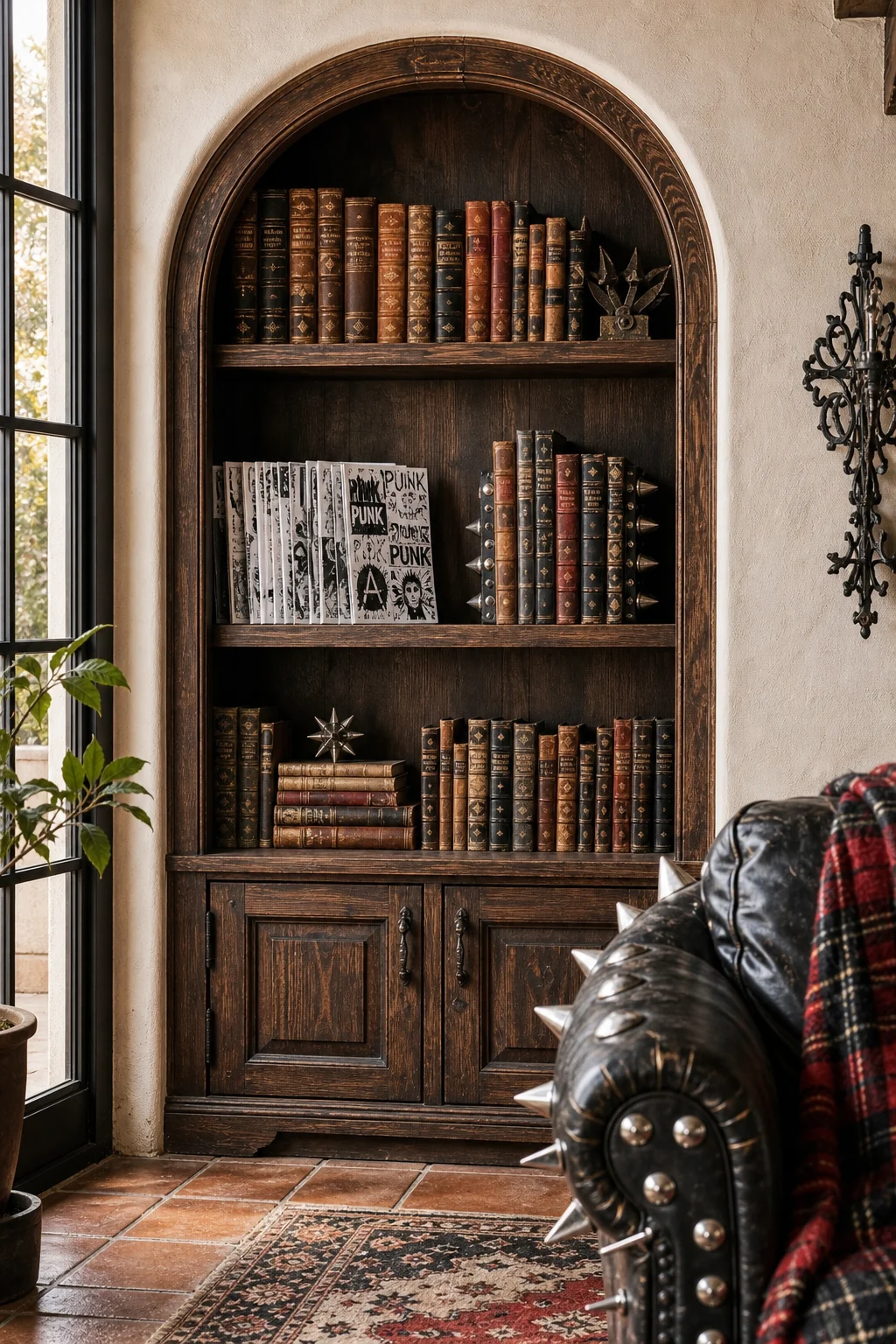 A built-in arched stucco alcove with dark walnut shelves holding antique books, raw zines, and a spiked metal bookend.