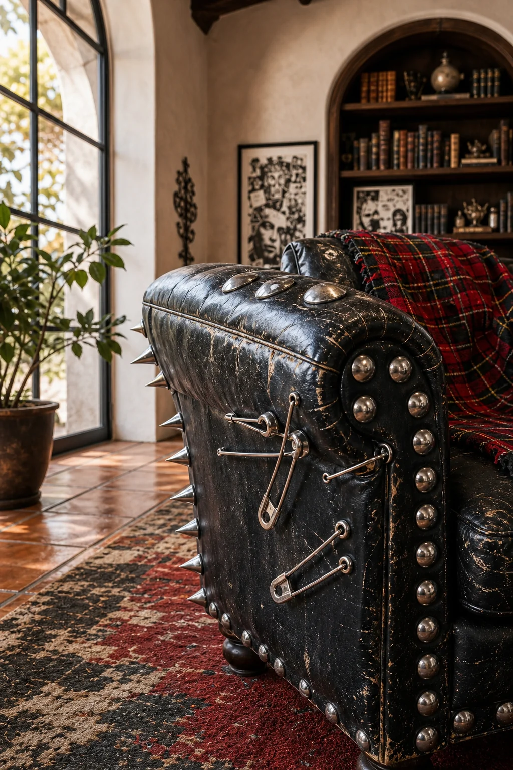 Close-up of a distressed black leather chair with oversized safety-pin hardware sitting on antique terracotta floor tiles.