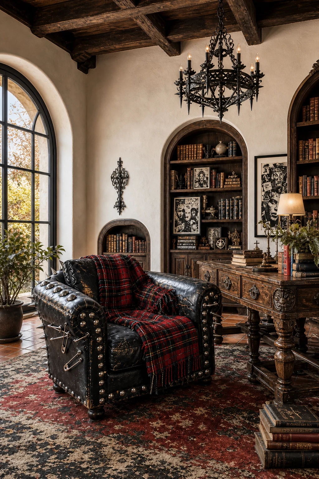 A generous seating vignette featuring a distressed black leather chair with a frayed tartan throw beside a carved walnut side table.