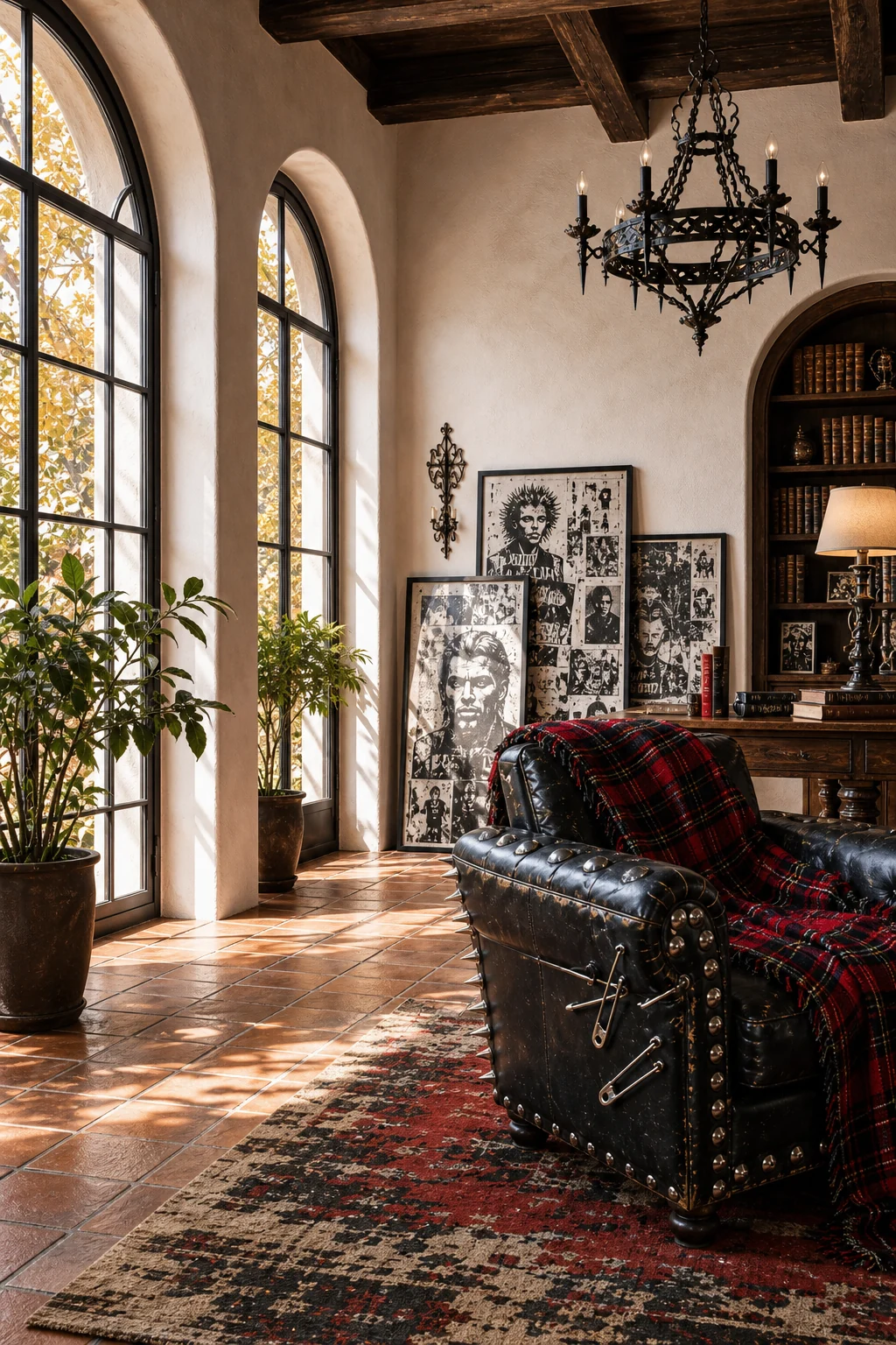 Bright autumn light streaming through arched windows, illuminating high-contrast black-and-white collage art leaning against a stucco wall.