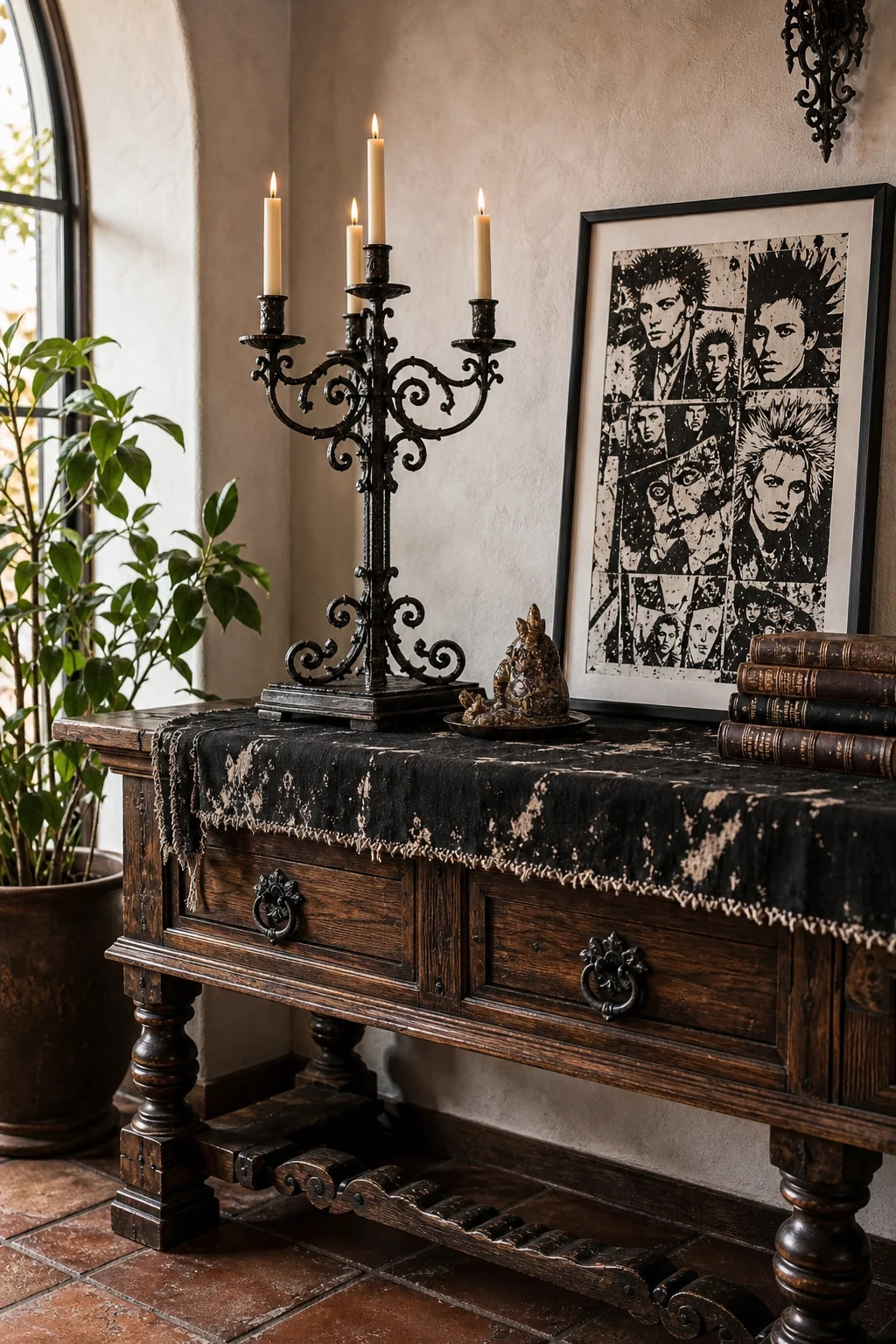 Detail of an aged walnut console table holding a bleach-splattered runner, a classic candelabra, and framed graphic collage art.