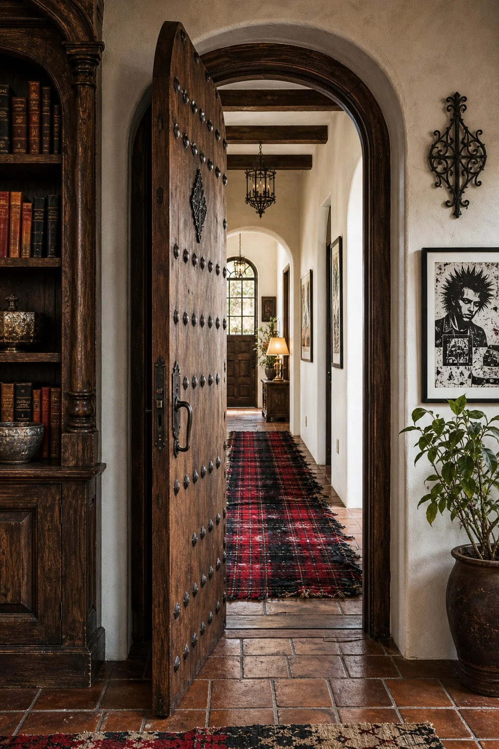 A heavy wooden library door with iron clavos, slightly open to reveal a hallway with a distressed red and black tartan runner rug.