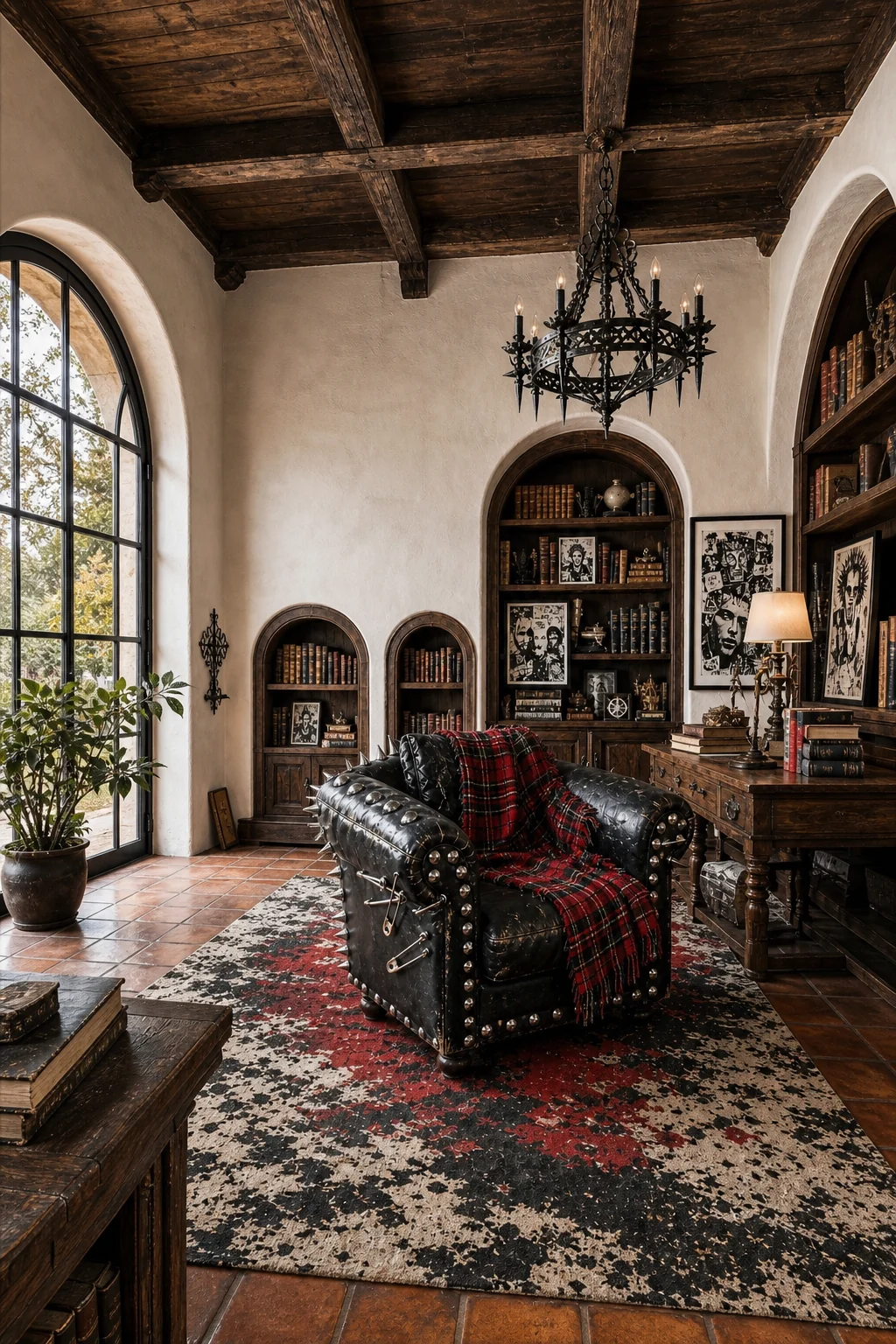 Full-room proof from a slightly elevated angle showing dark walnut ceiling beams, a central distressed leather chair, and a bleach-splattered rug.