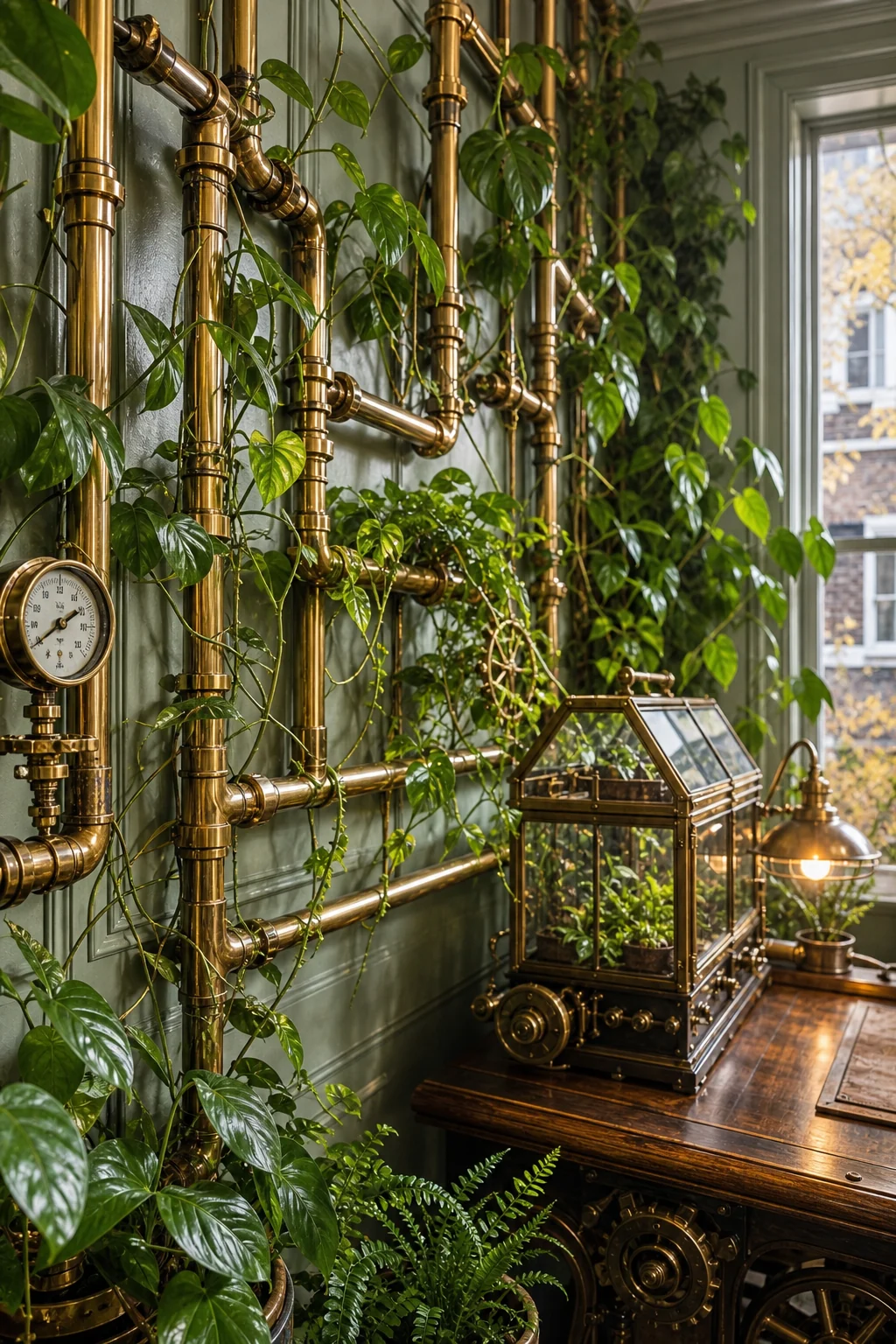 Close-up of brass conduit pipes acting as a trellis for green pothos vines against a sage wall