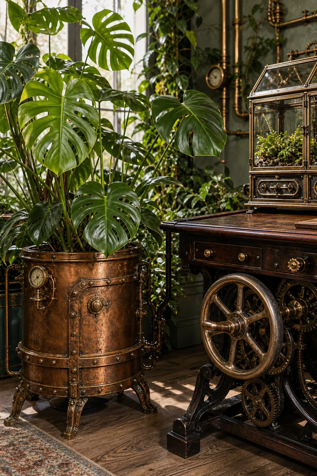 Large Monstera plant thriving inside a heavy riveted copper boiler planter next to a mahogany desk