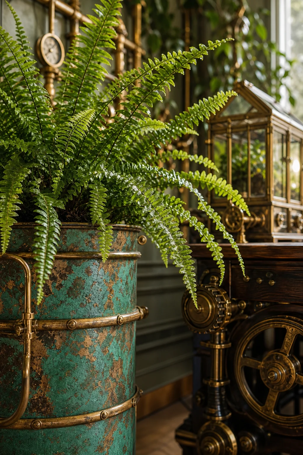 Macro shot of an oxidized copper planter with green verdigris matching the surrounding fern leaves