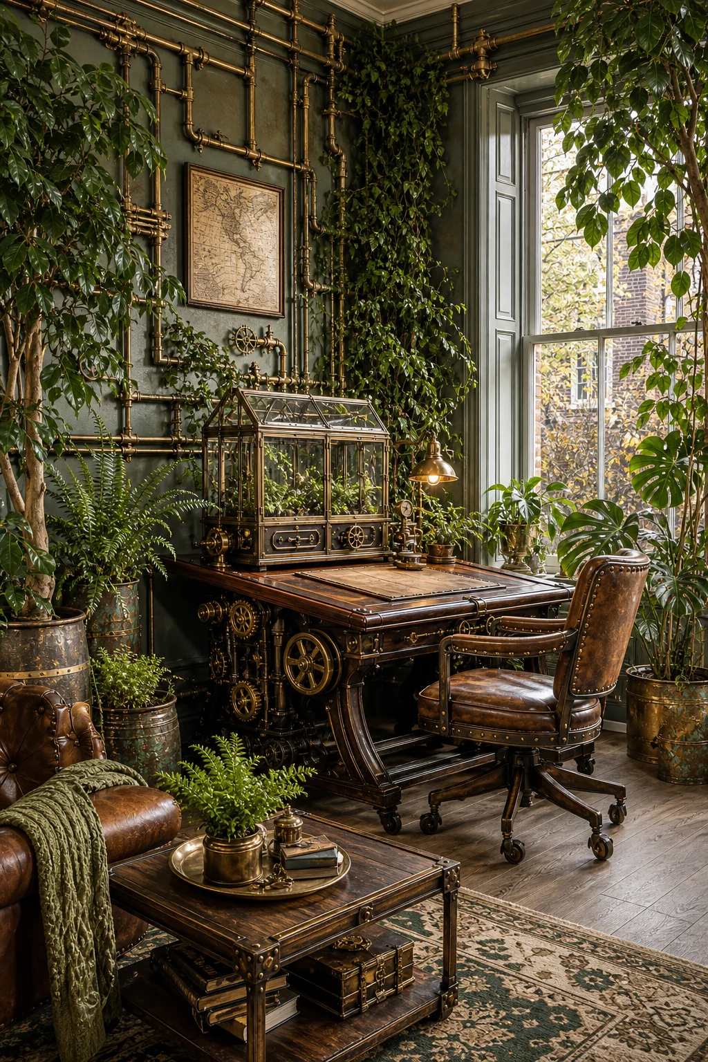 Medium view of a mahogany mechanical desk and leather chair surrounded by tall Ficus trees