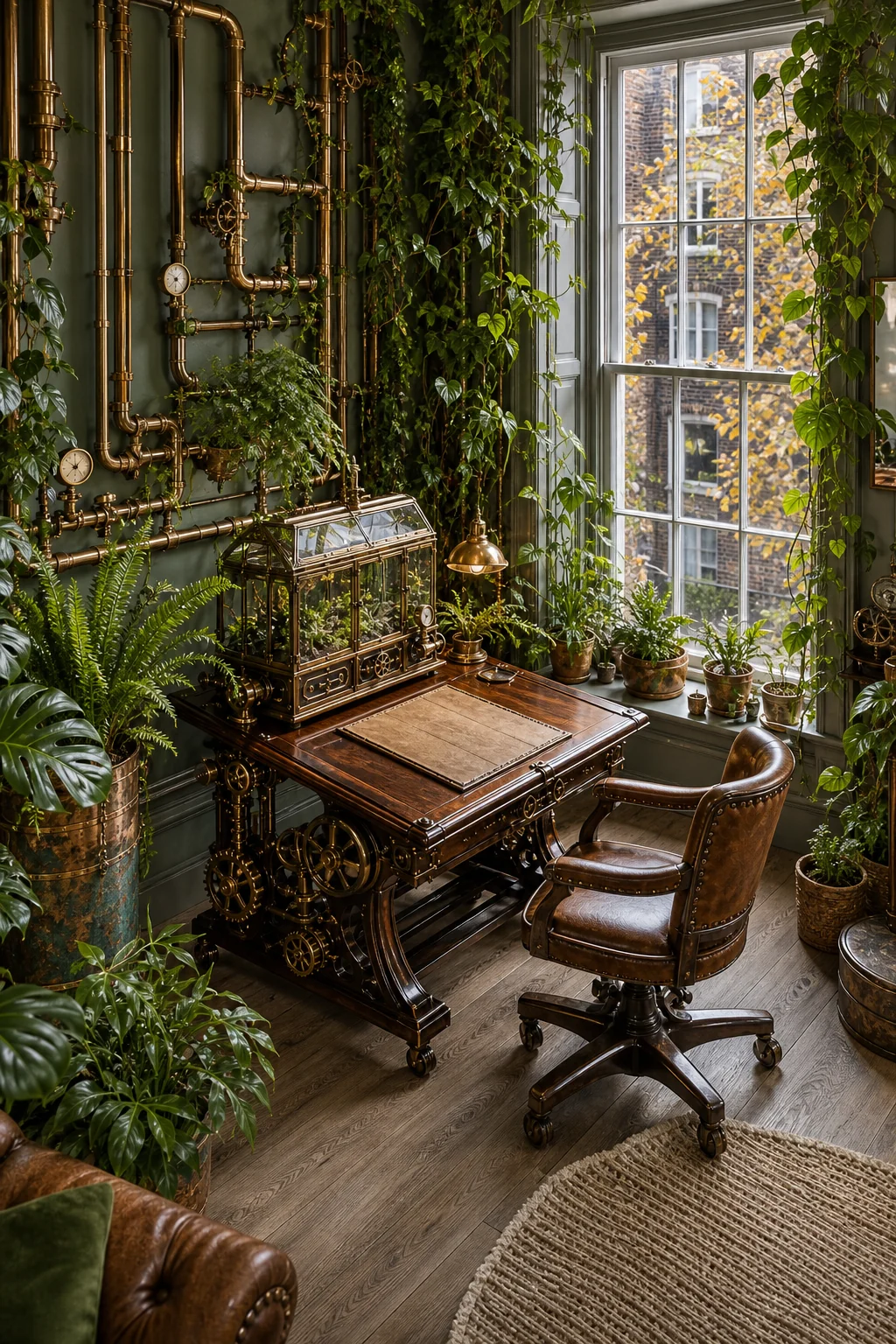 Tall Victorian sash window letting in autumn daylight over brass pipes and potted plants
