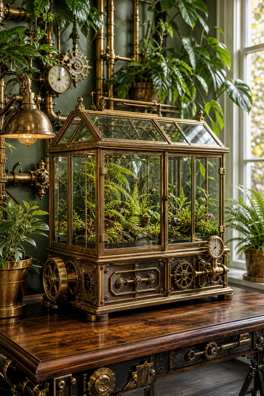 Brass-geared Victorian Wardian case functioning as a moss terrarium on a mahogany desk