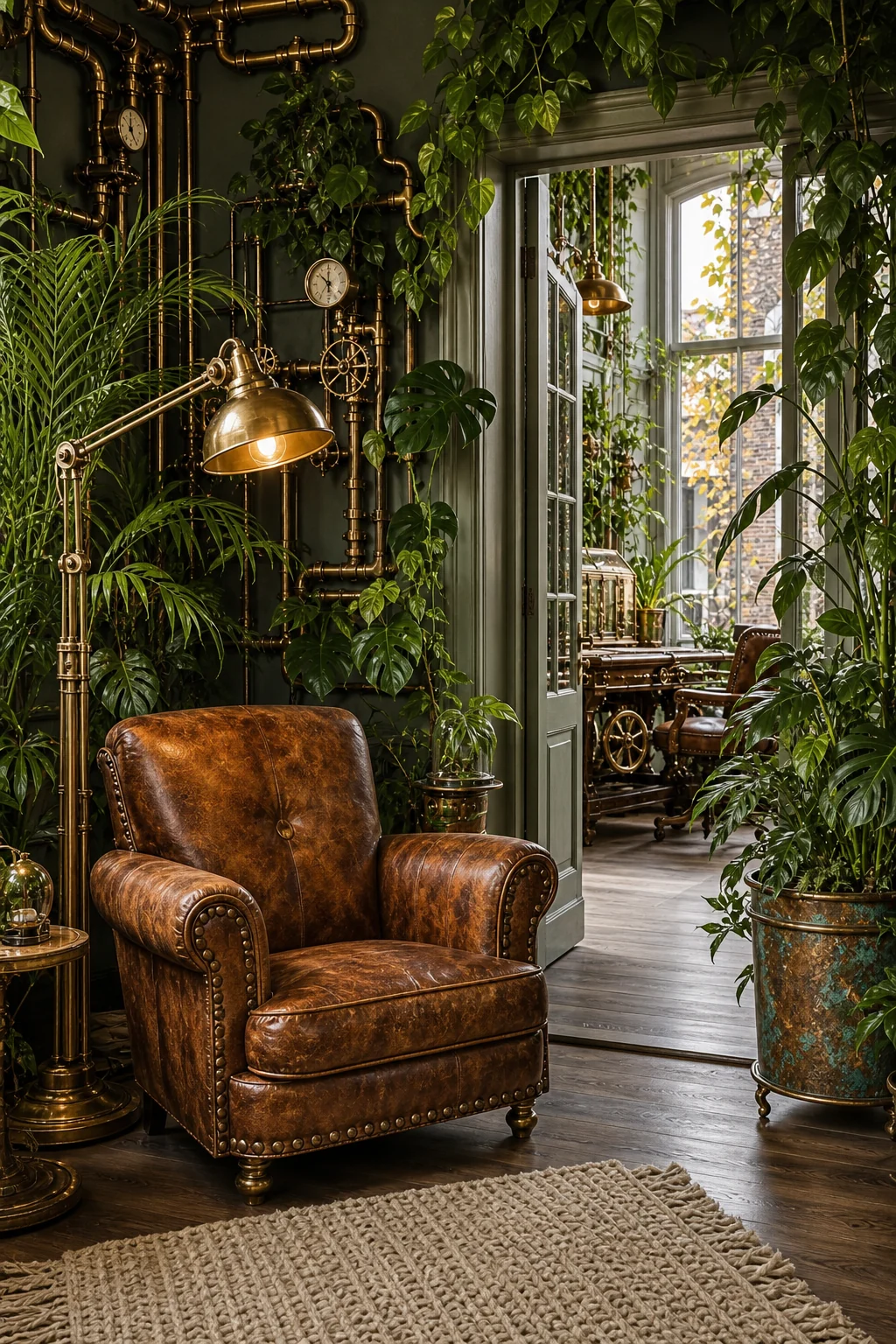 Distressed leather club chair reading nook surrounded by tall palms and a brass floor lamp