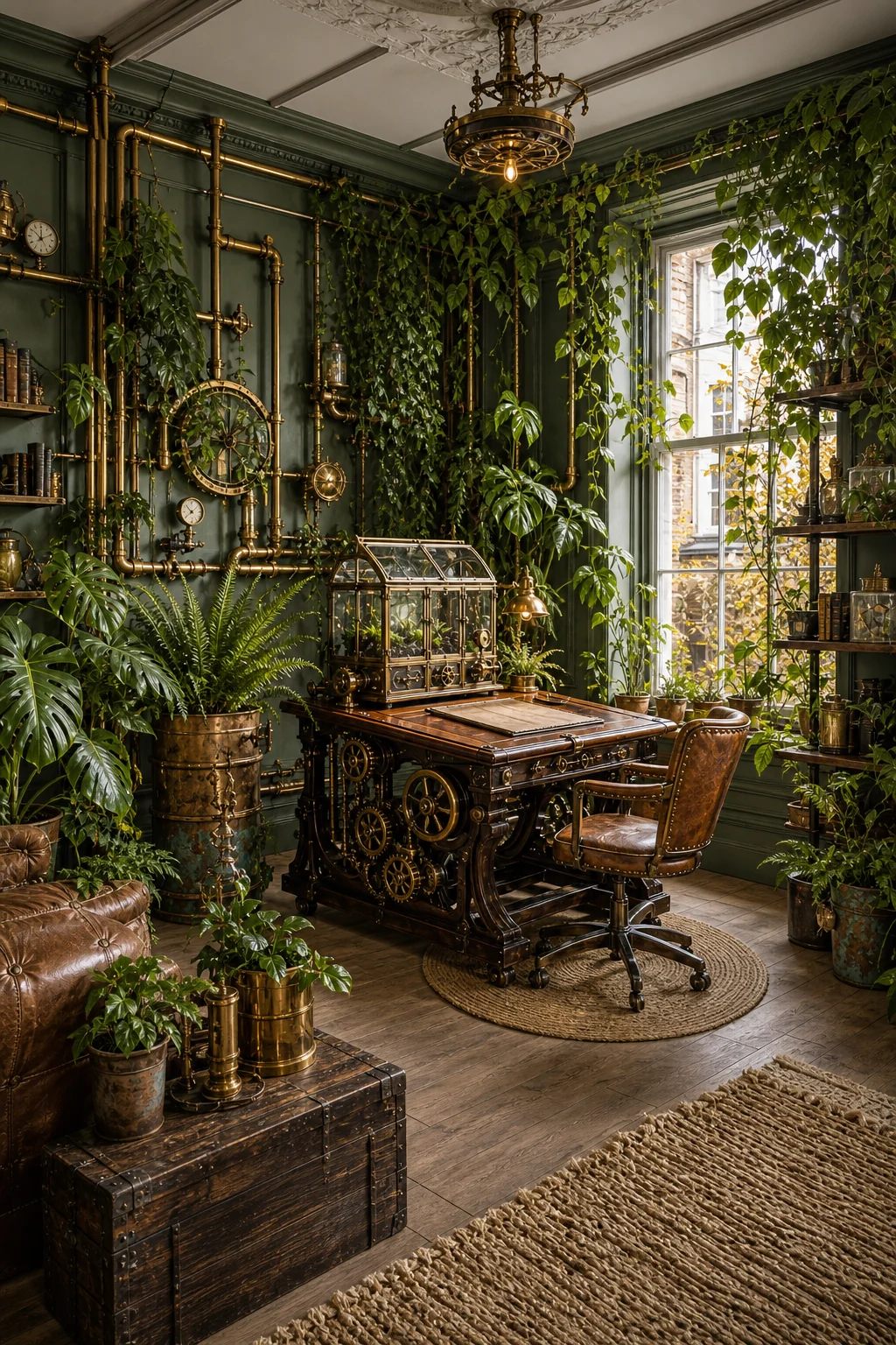 Wide shot of a balanced home office with mechanical desk, brass pipes, and lush greenery