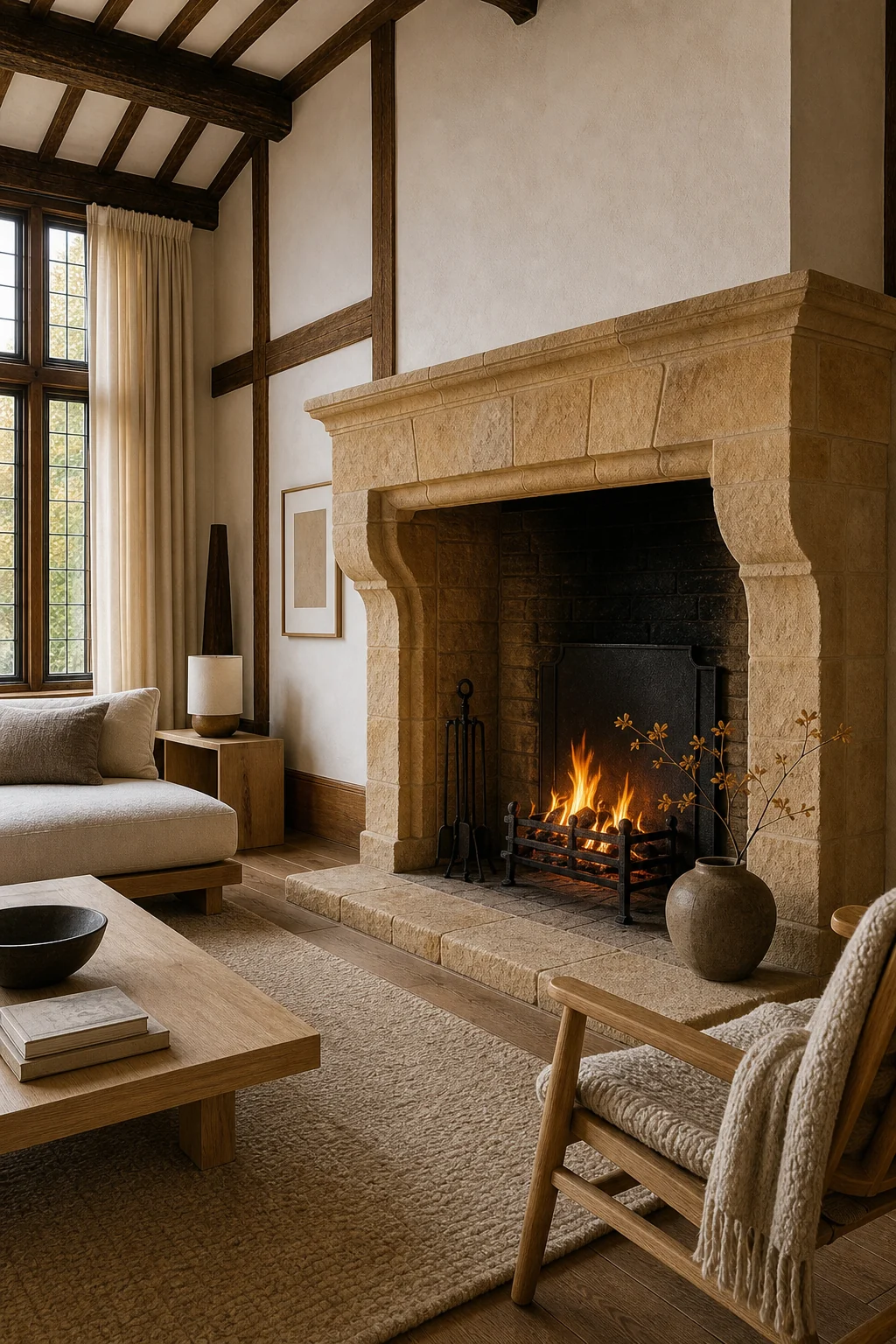 Grand honey-colored limestone fireplace with a single minimalist ceramic vase.