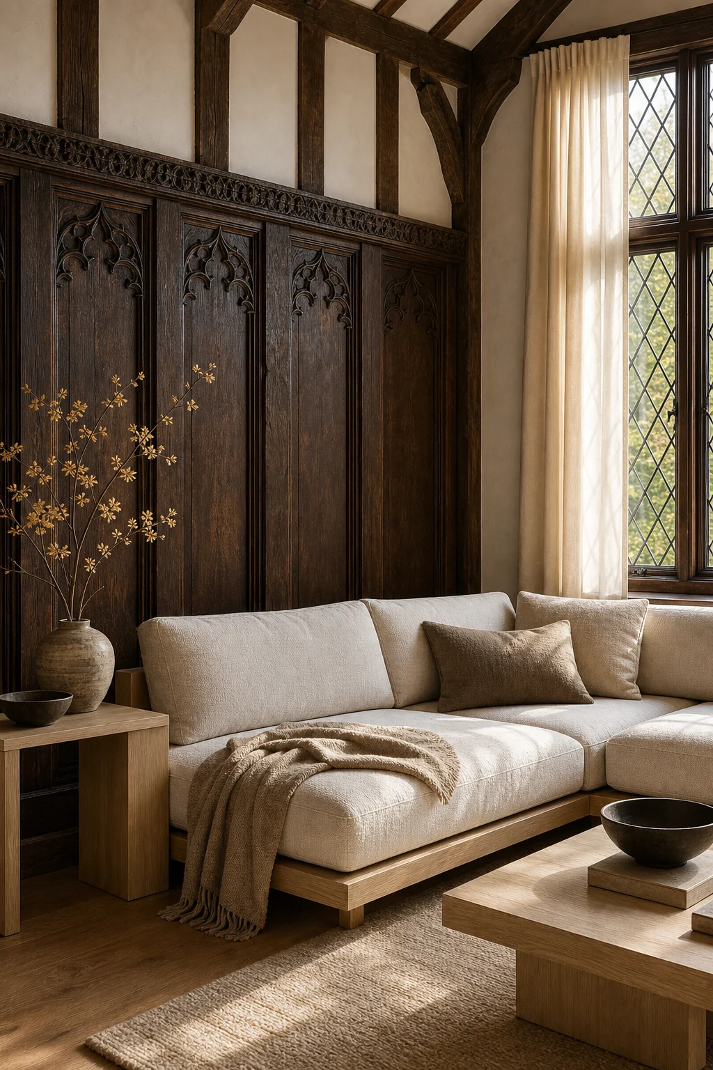 Light ash wood sofa with linen upholstery against dark oak paneling.
