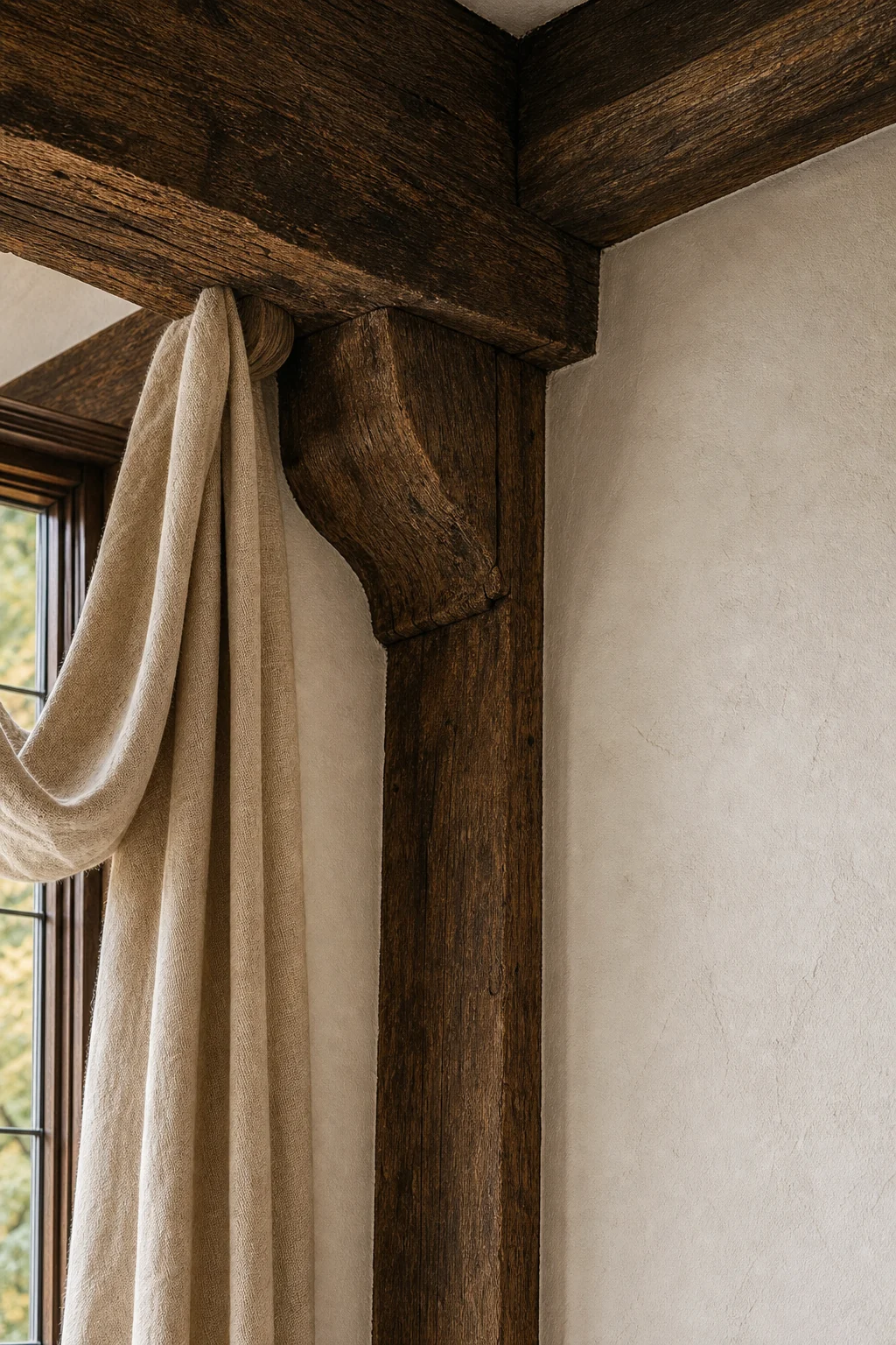 Close-up of dark oak beam meeting matte chalky plaster wall.
