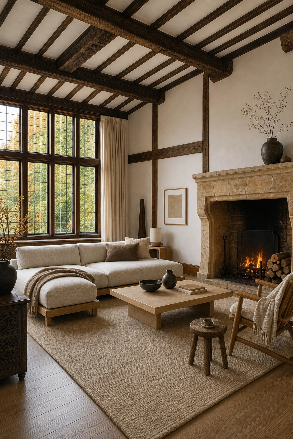 Wide view of light ash furniture centered in a room with a stone fireplace.