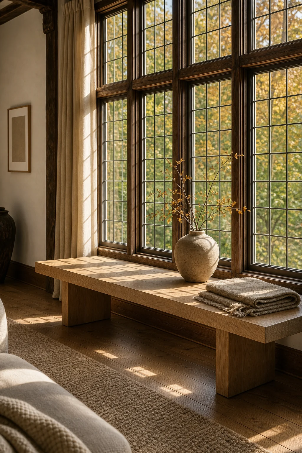 Sunlight streaming through leaded glass windows onto a light wood bench.