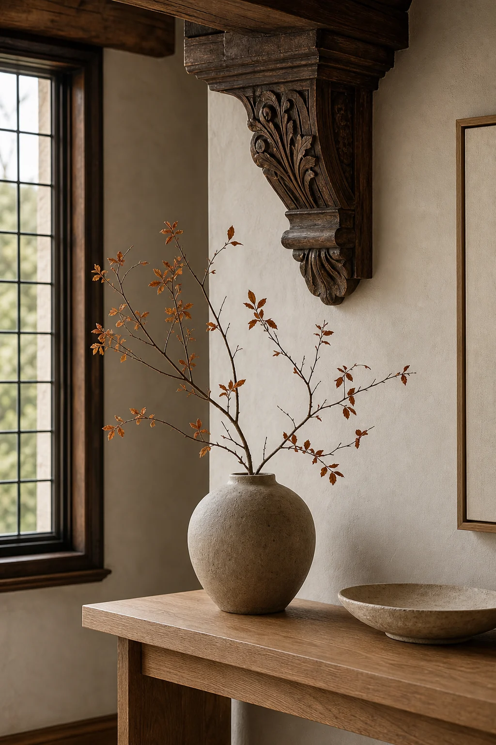 Minimalist console table with a ceramic vase and autumn branches under an oak corbel.