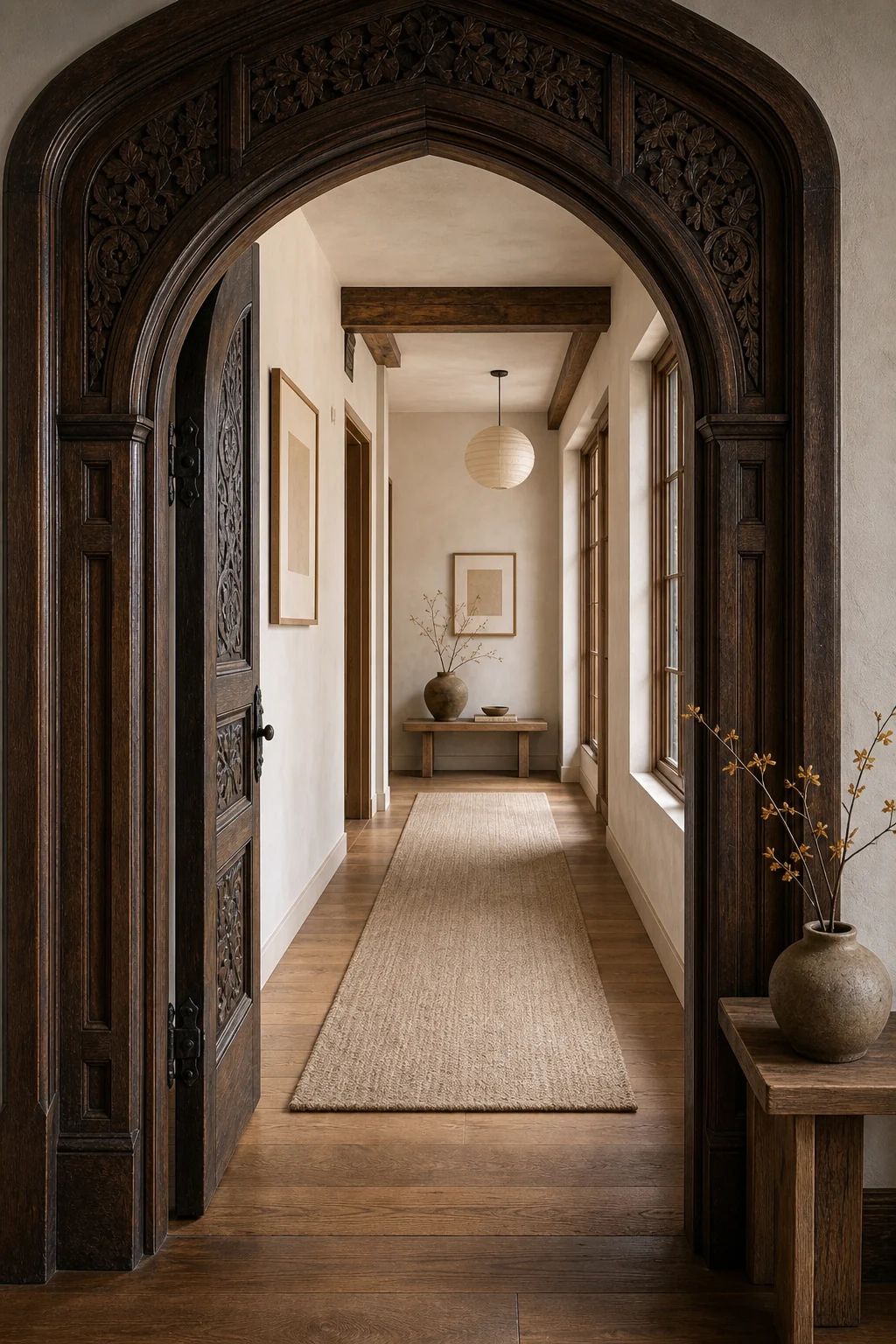 View through a dark oak arched doorway into a bright minimalist hallway.