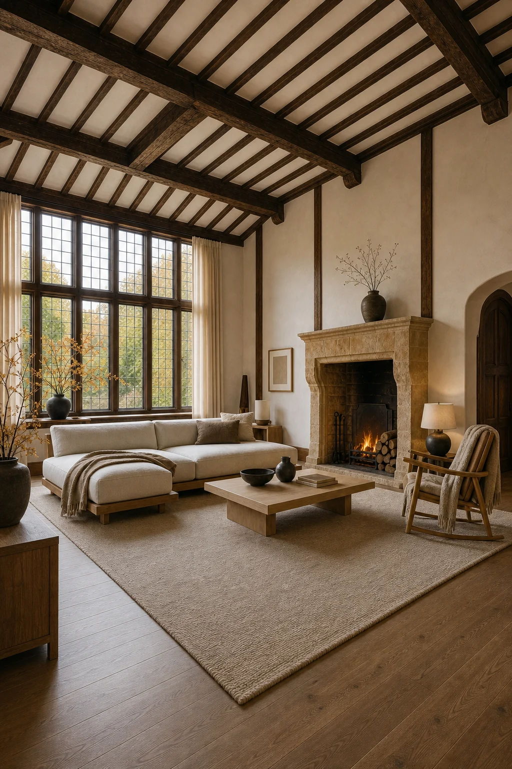 Low-angle view of minimalist furniture under heavy dark oak ceiling beams.