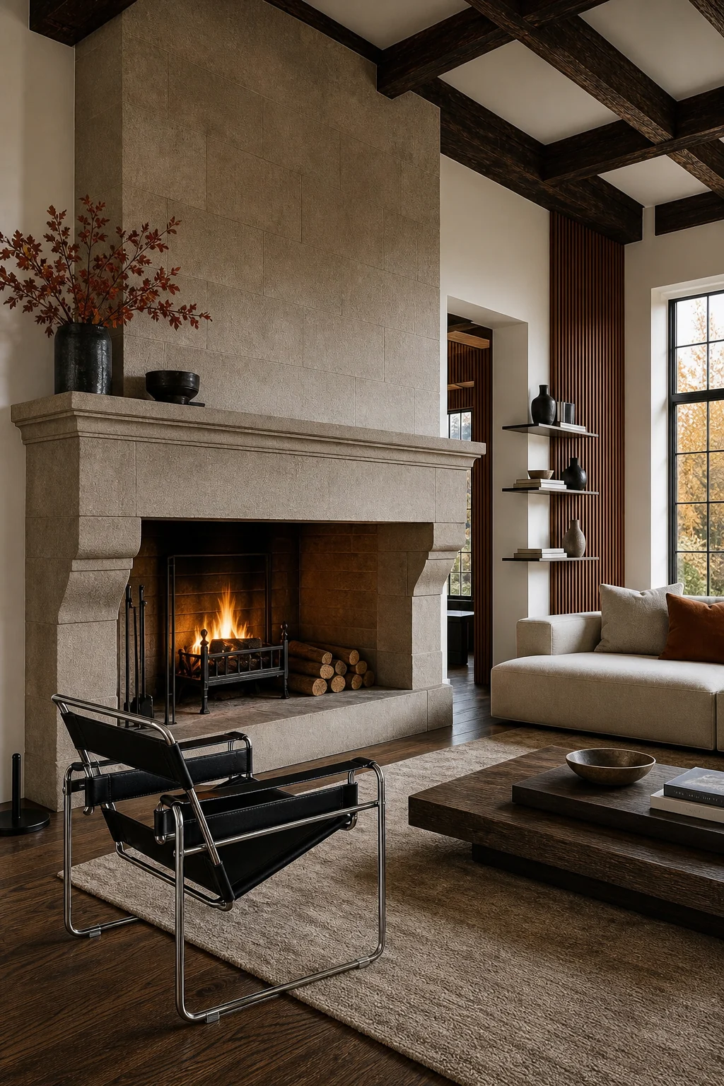 Close-up of a massive stripped-back grey sandstone fireplace paired with a sleek matte black steel log holder