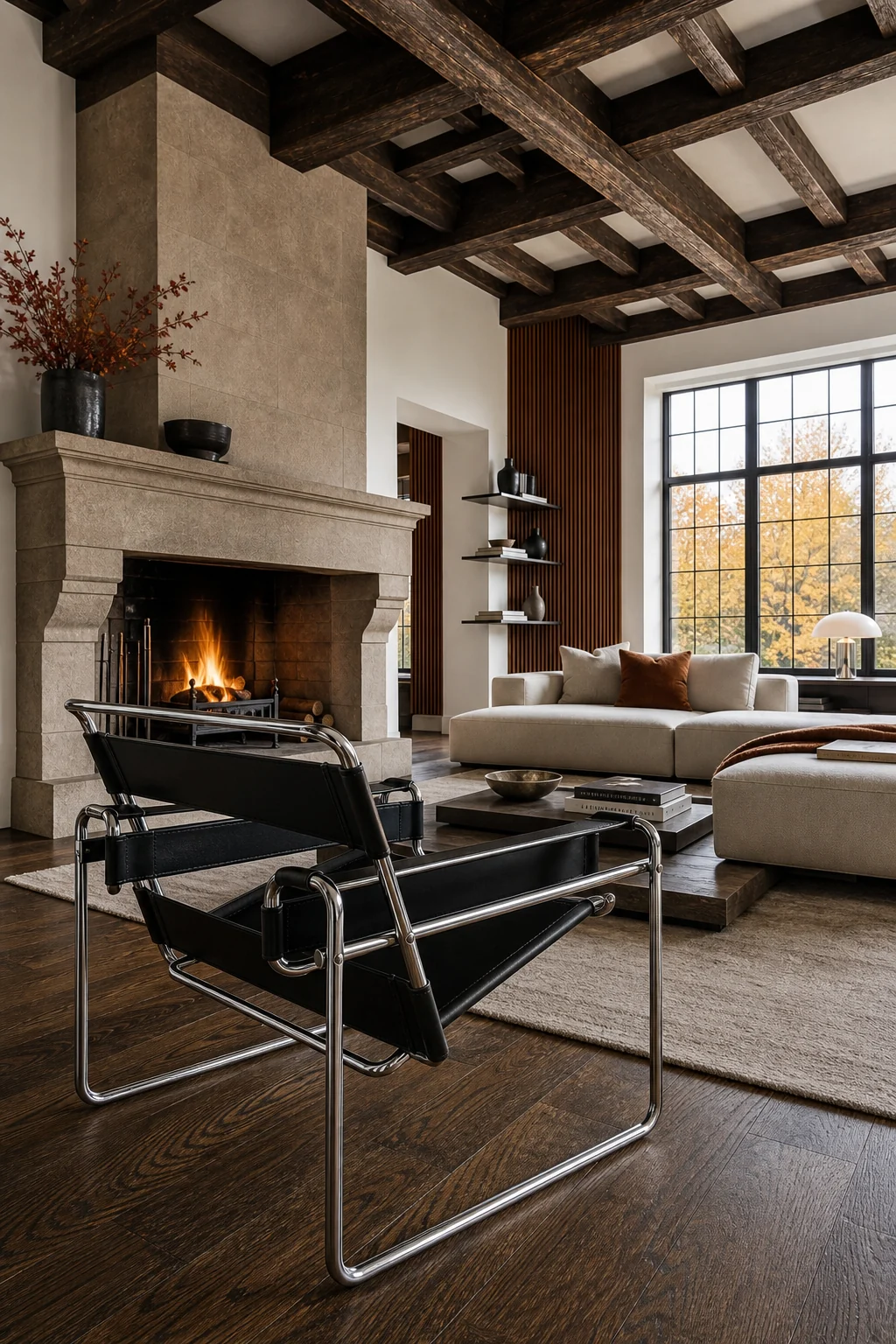 Low-angle shot focusing on a matte-black tubular steel chair on aged oak floors with ceiling beams above