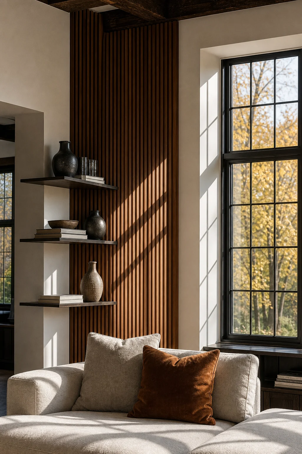 Detail shot of large leaded-glass windows with rectangular panes casting shadows on vertical wood slats