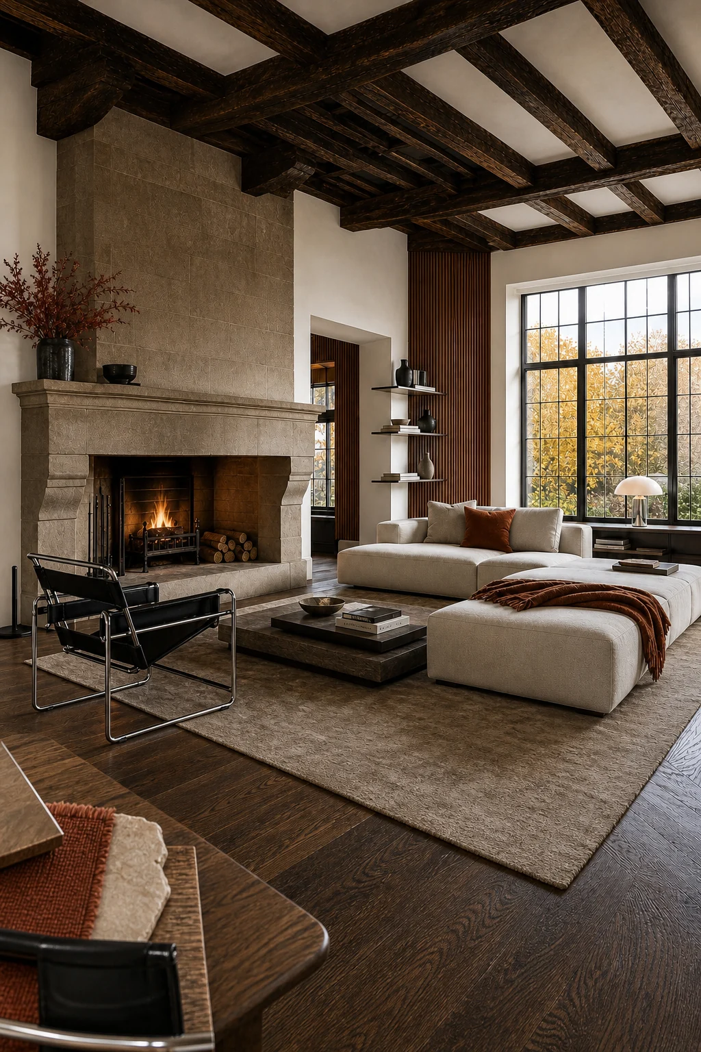 Wide vignette showing a low-profile cream modular sofa and tubular chair grouped around a dark oak table