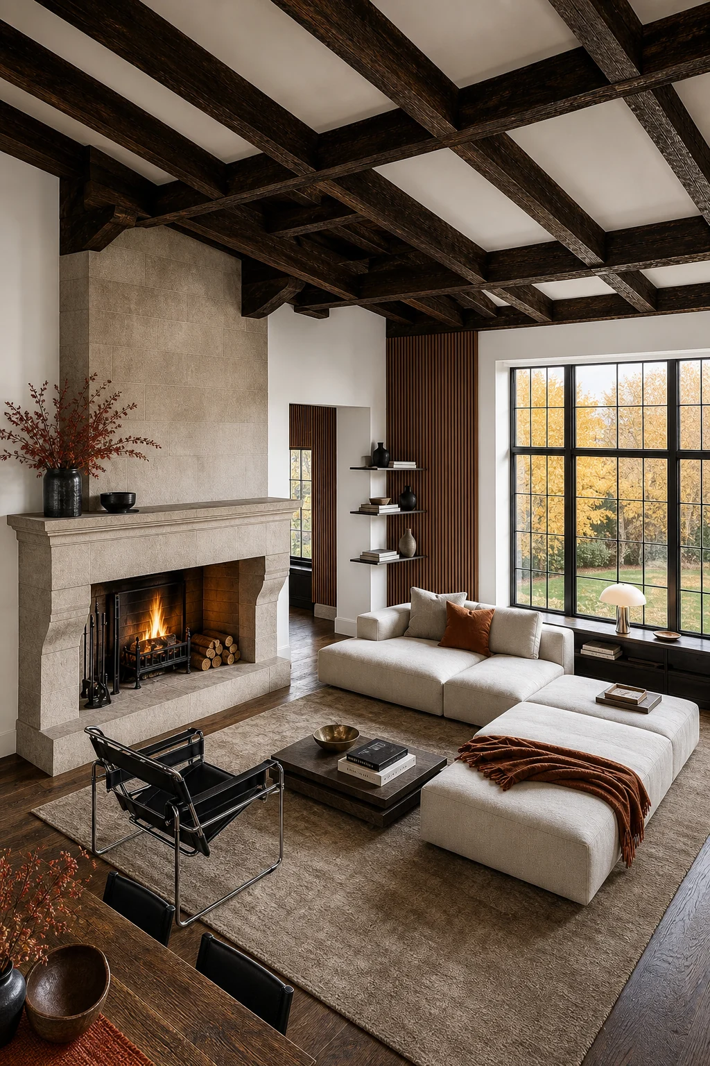 High-angle view looking down from dark oak ceiling beams showing crisp white walls and bright daylight
