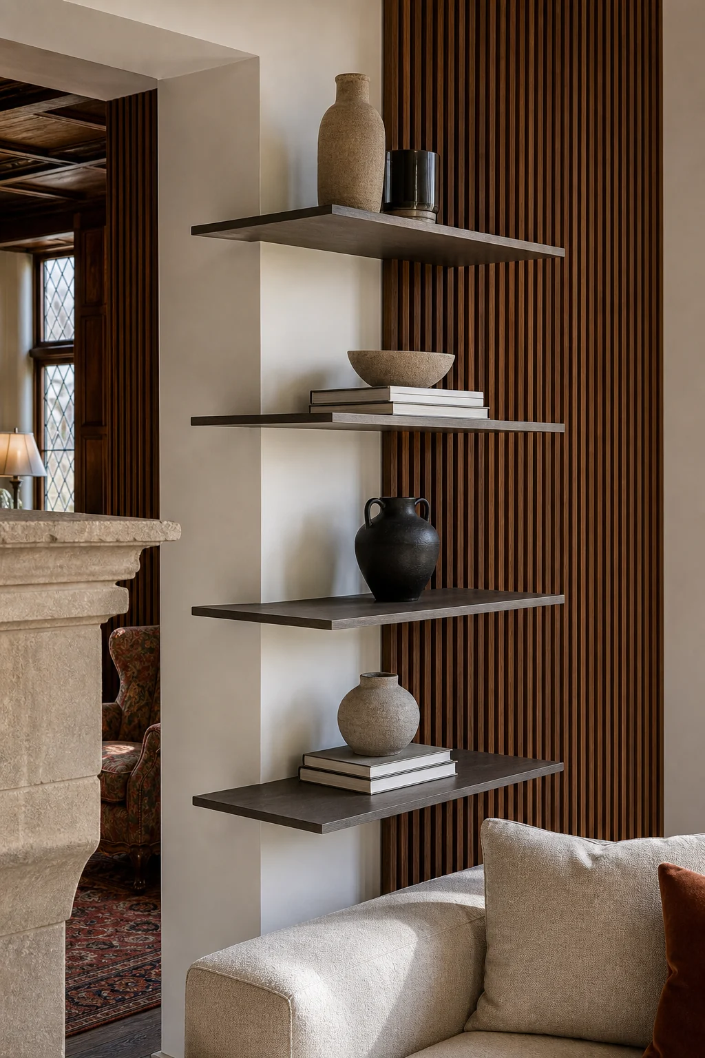 Detail shot of floating minimalist architectural shelving displaying raw sandstone ceramics