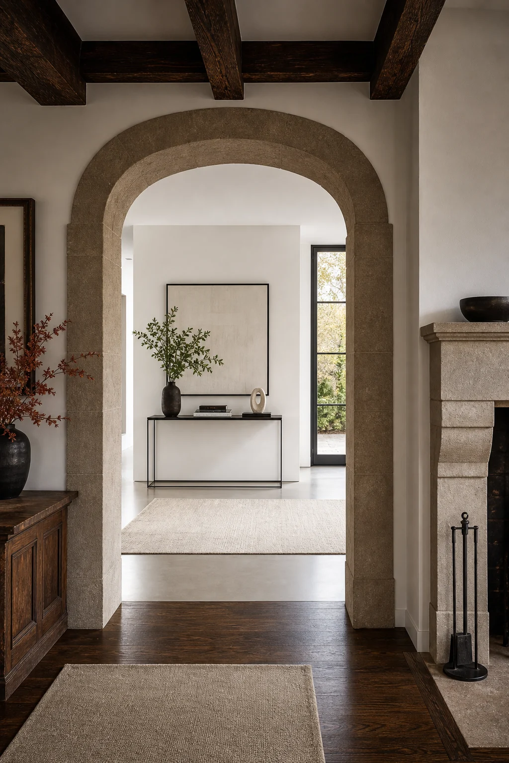 View through a thick arched doorway into a bright minimalist hallway with a sleek steel console table