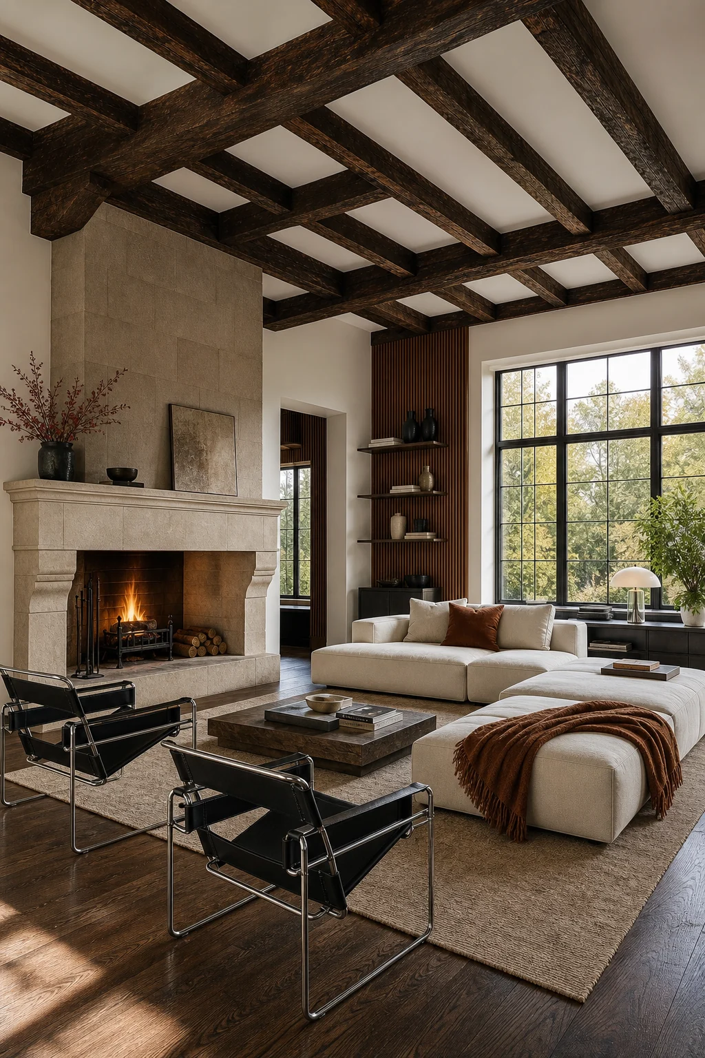 Full-room wide shot showing Tudor beams and fireplace harmonizing with a Modern cream sofa and clean windows