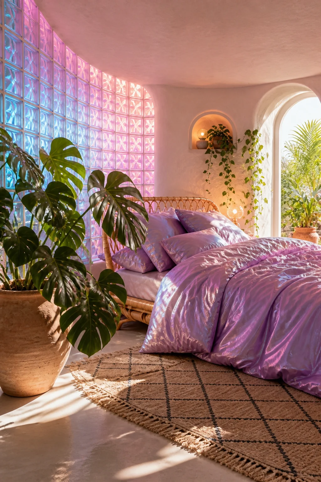 A curved glass block wall illuminated by magenta light with a lush monstera plant in front.