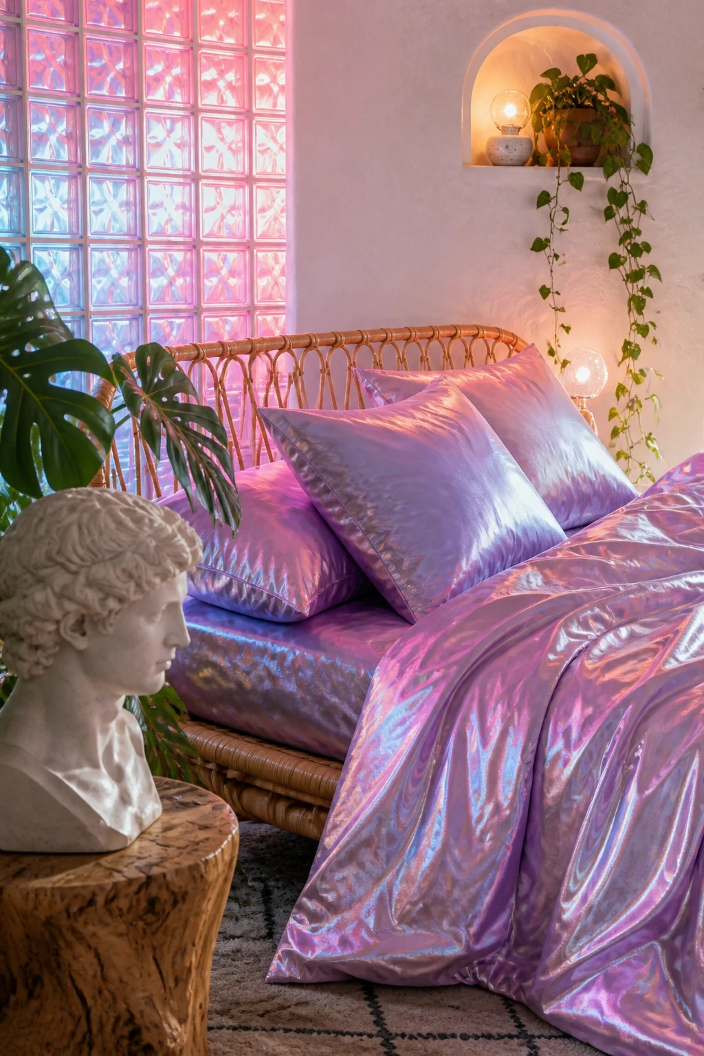 Close-up of a natural rattan headboard dressed in iridescent lilac silk bedding.