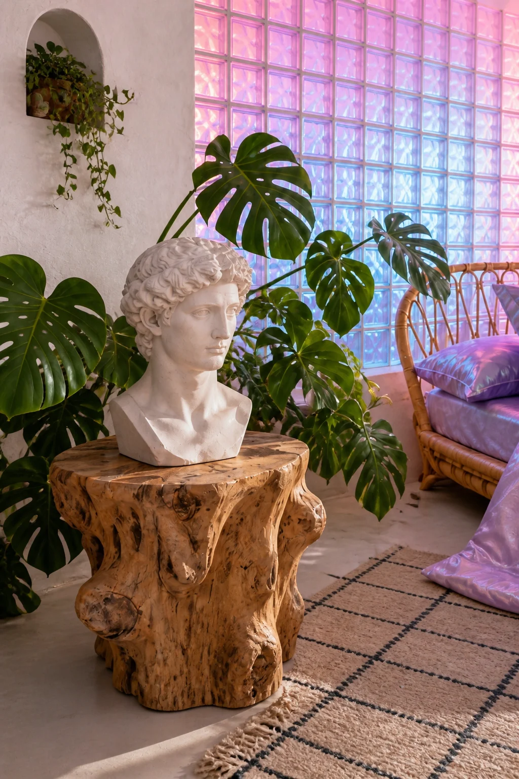 A classical white plaster bust resting on a raw, carved wood stump side table.