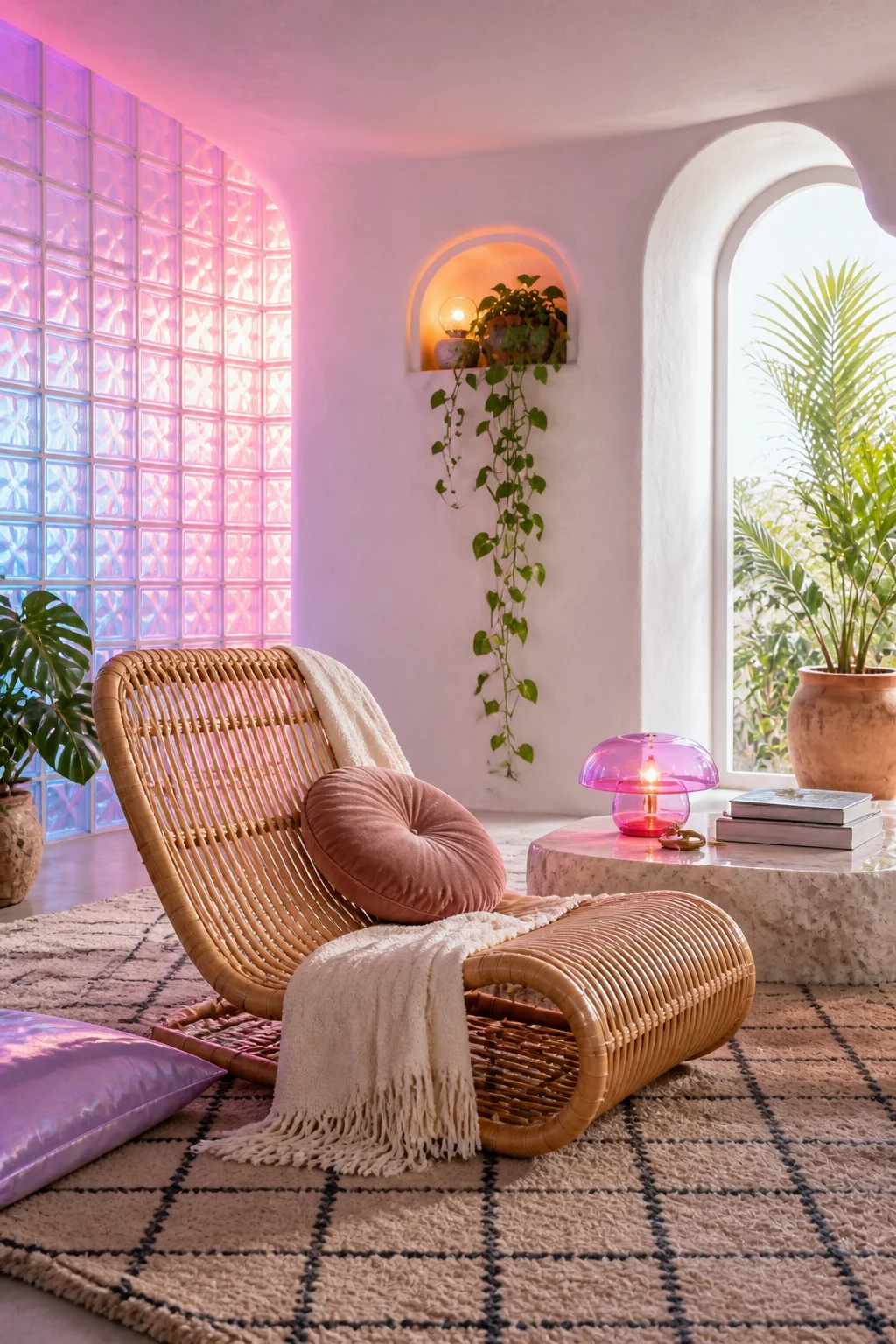 A low-slung woven rattan lounge chair sitting on a faded grid-patterned rug.