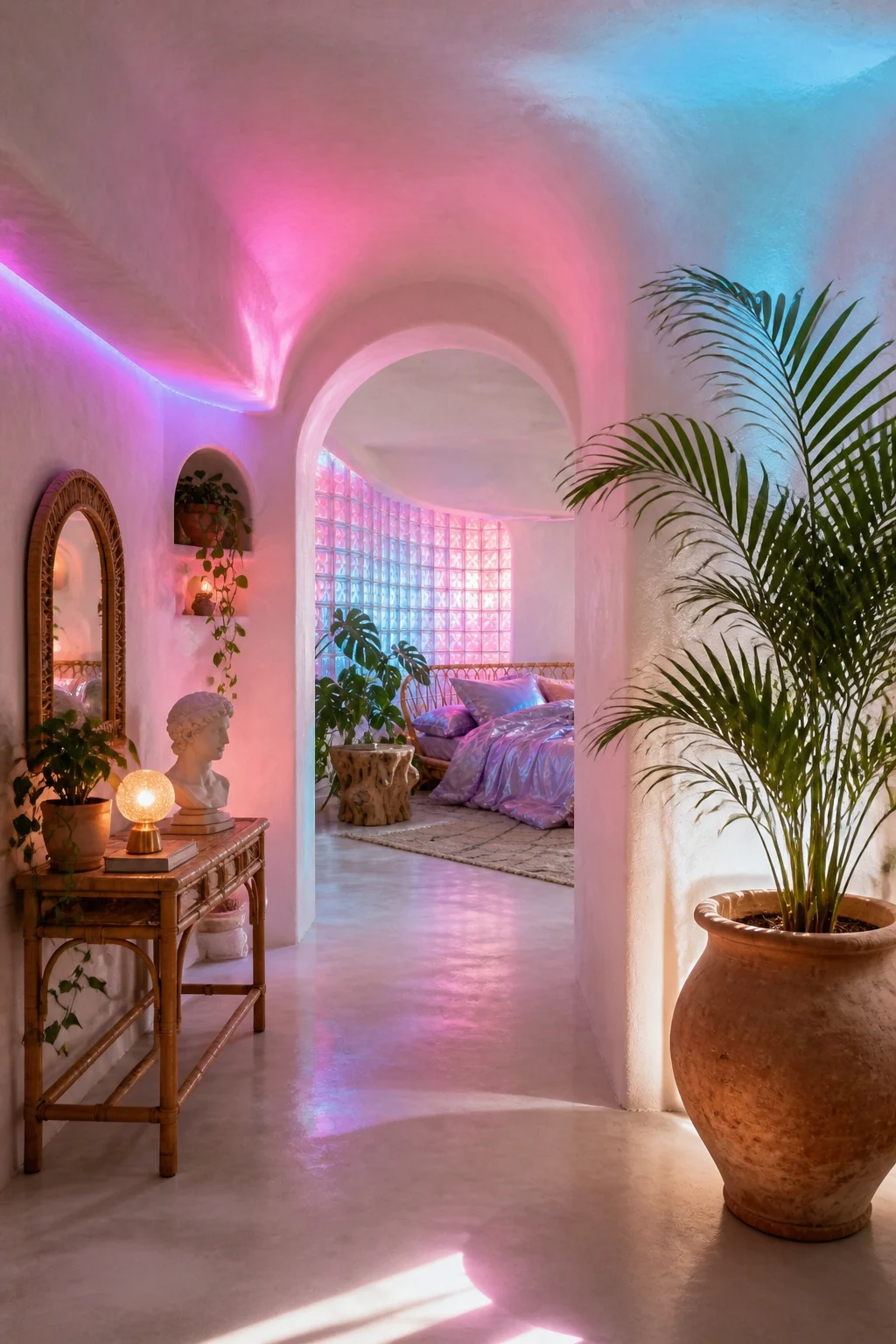 A wide view of a hallway with white plaster walls glowing with cyan and magenta light.