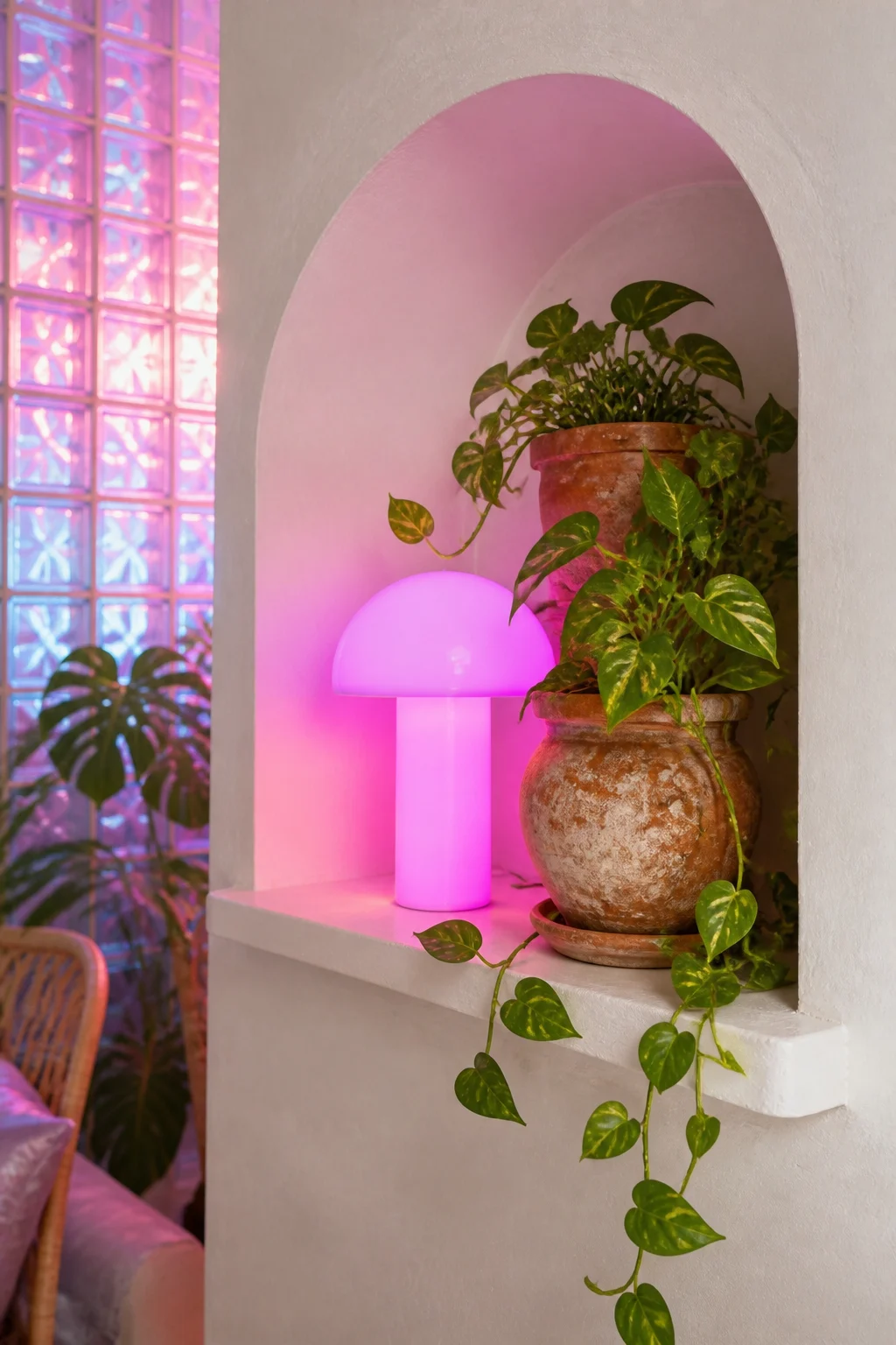 A wall niche displaying a glowing neon lamp next to terracotta pots with trailing plants.