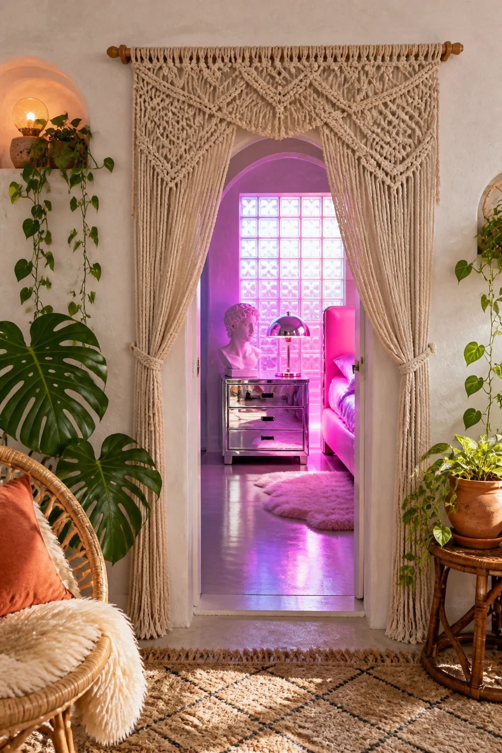 A doorway framed by a macrame wall hanging, looking into a room with a chrome table.