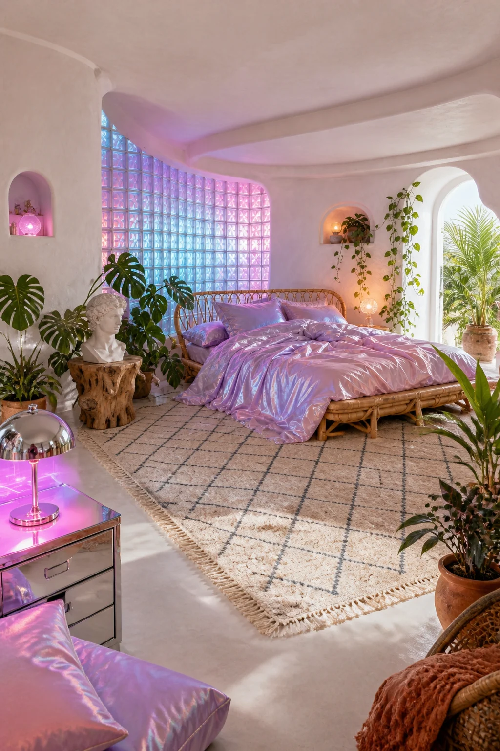 A wide room view showing a rattan bed, iridescent bedding, glass blocks, and lush plants.
