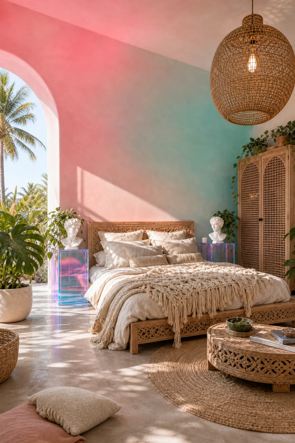 A pastel sunset-gradient wall behind a carved natural wood bed bathed in bright sunlight.