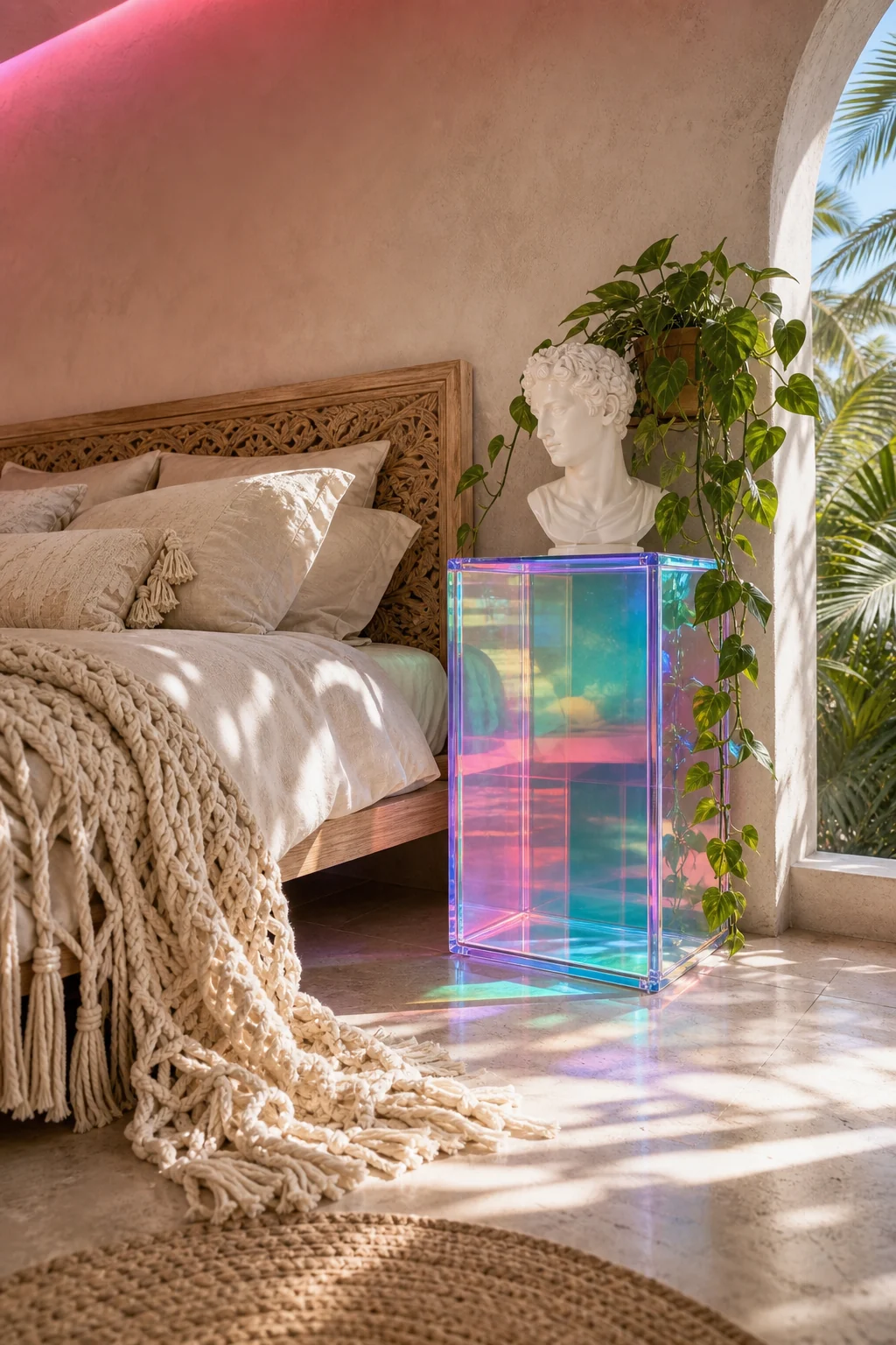 Heavy textured macrame bedding spilling next to a translucent iridescent acrylic nightstand.