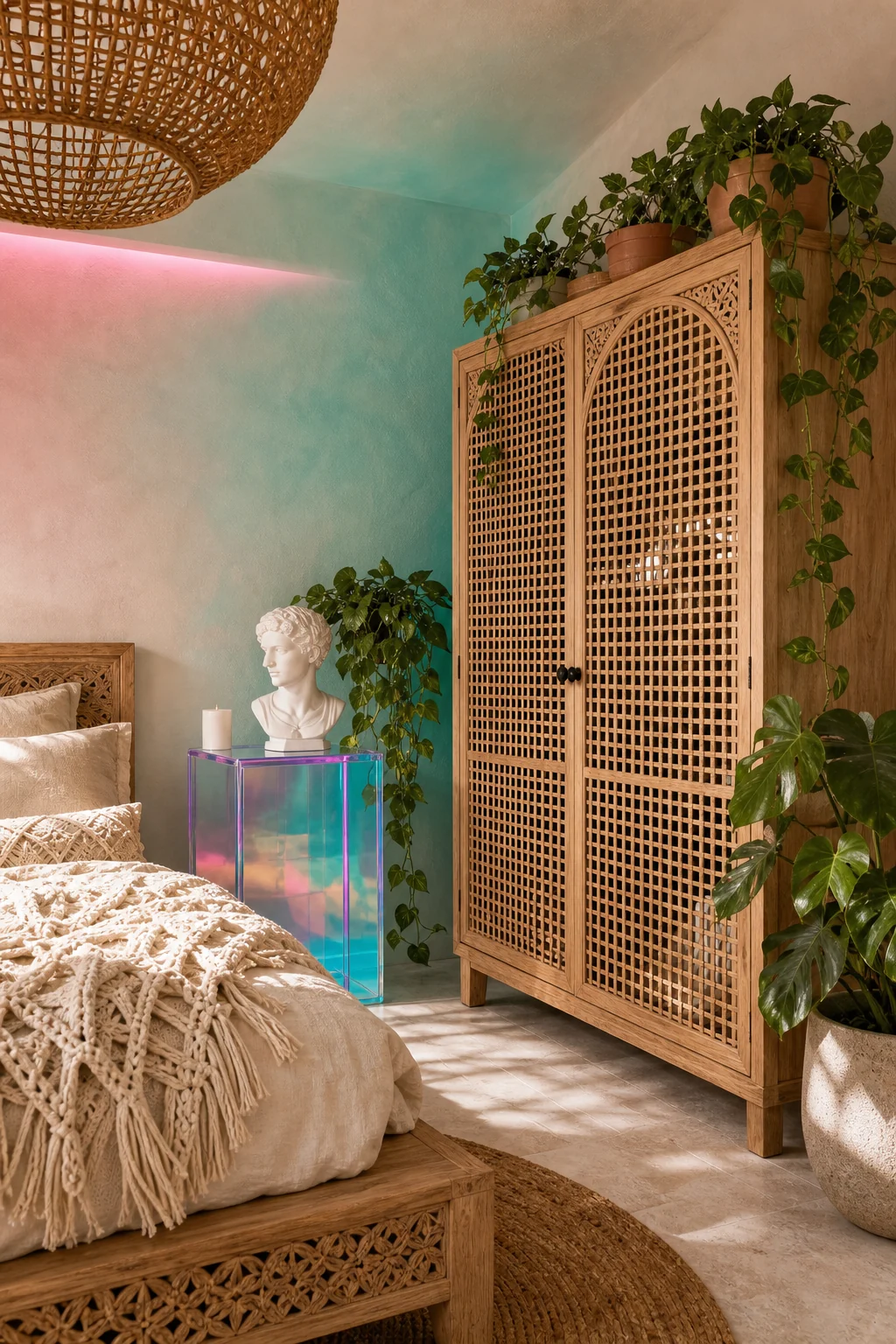 A natural cane webbing wardrobe door next to a seafoam green and blush stucco wall.