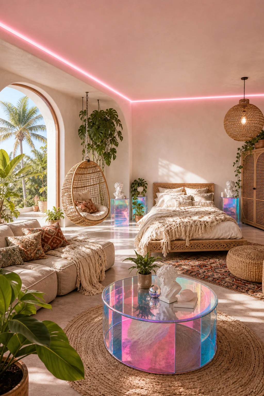 A woven rattan hanging chair illuminated by pink LED cove lighting near a monstera plant.