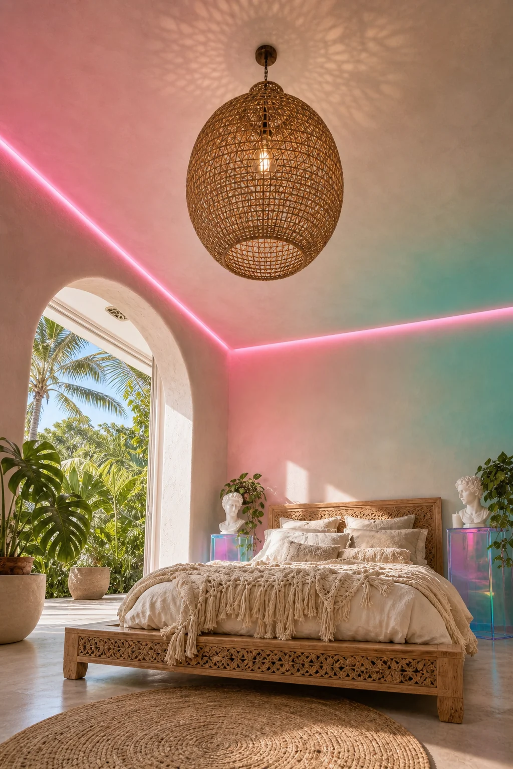 A large hand-woven rattan pendant light casting shadows, surrounded by a glowing pink LED ceiling cove.
