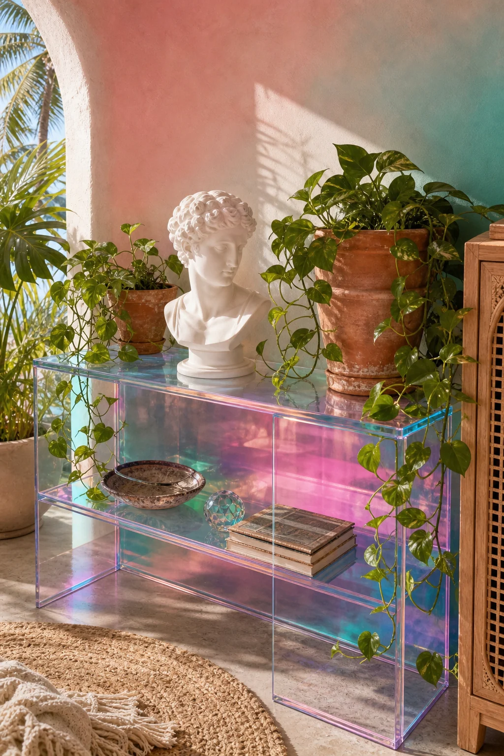 A translucent iridescent console table holding a plaster bust and terracotta pots with pothos.