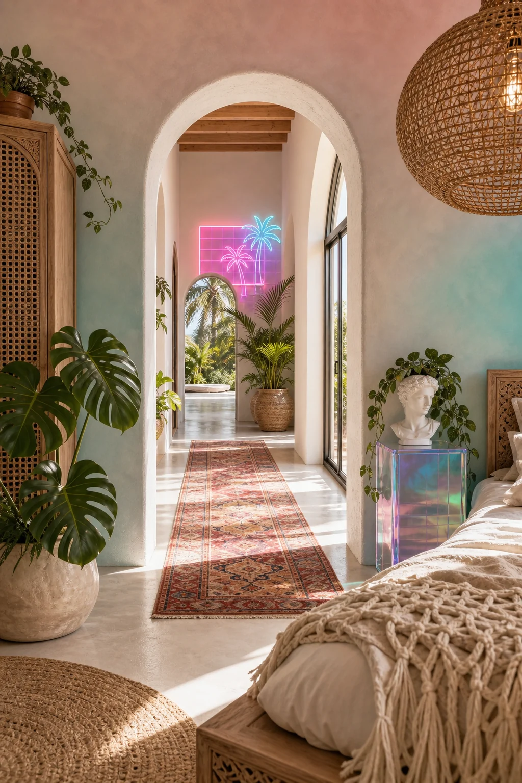 A bright arched doorway framing a hallway with a vintage Persian runner and a glowing neon sign.